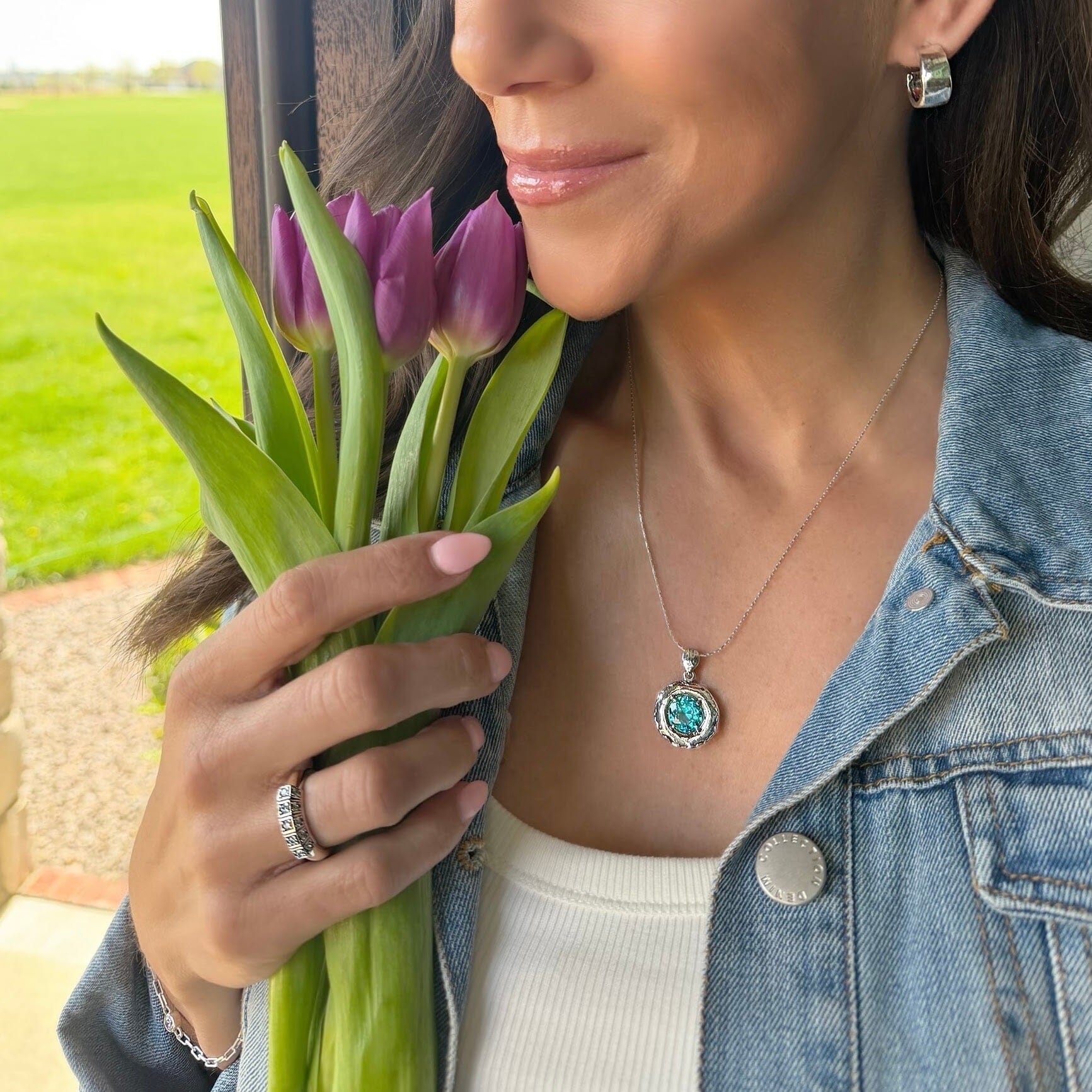 Sea ya shining necklace paired with dust and silver earrings and heirloom ring
