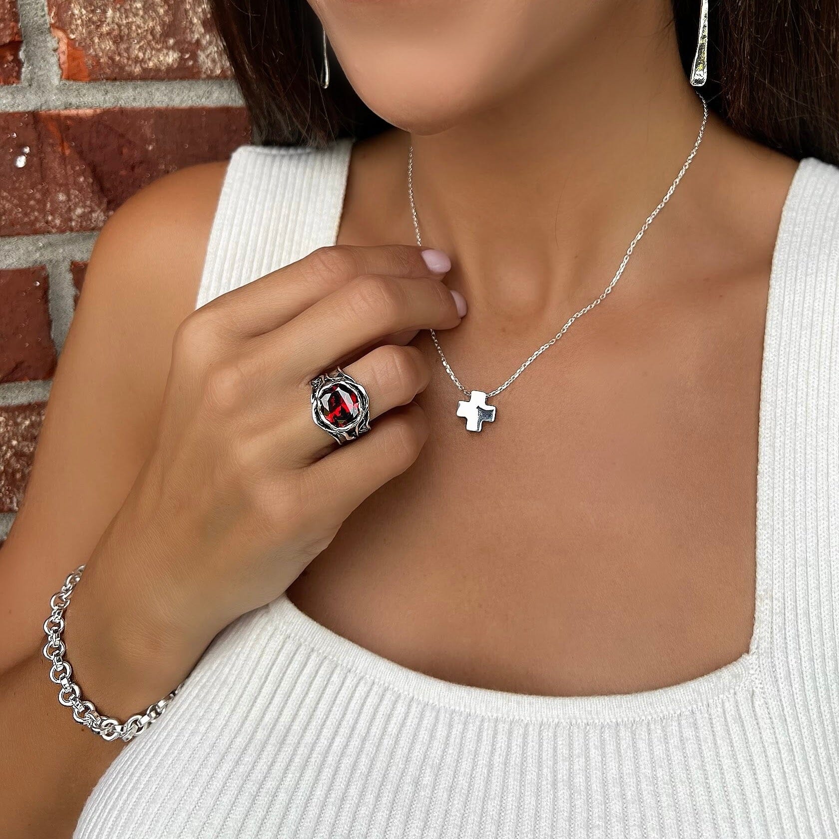 Sedona red ring paired with up a creek earrings, southwest crossing necklace and bonita bracelet