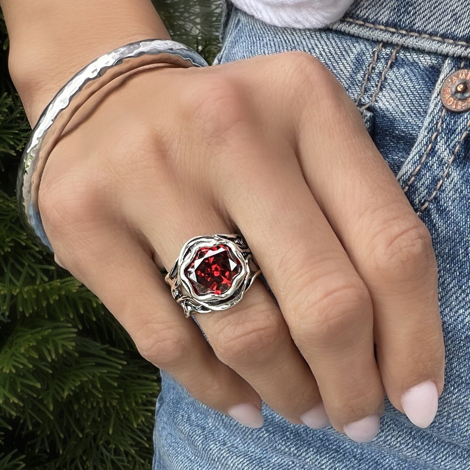 chunky silver red cz ring with oxidation and antique style