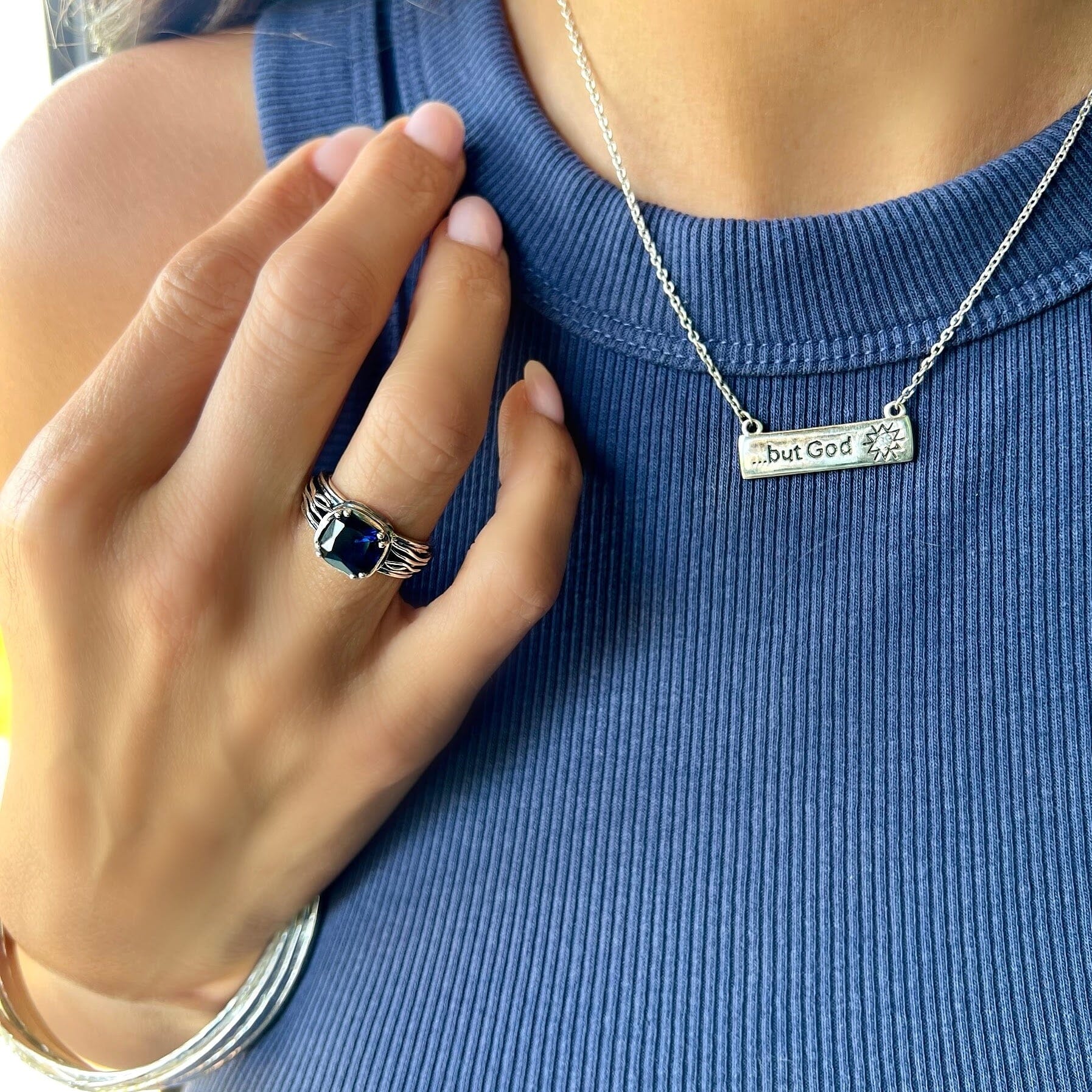 sterling silver ring prong set navy stone