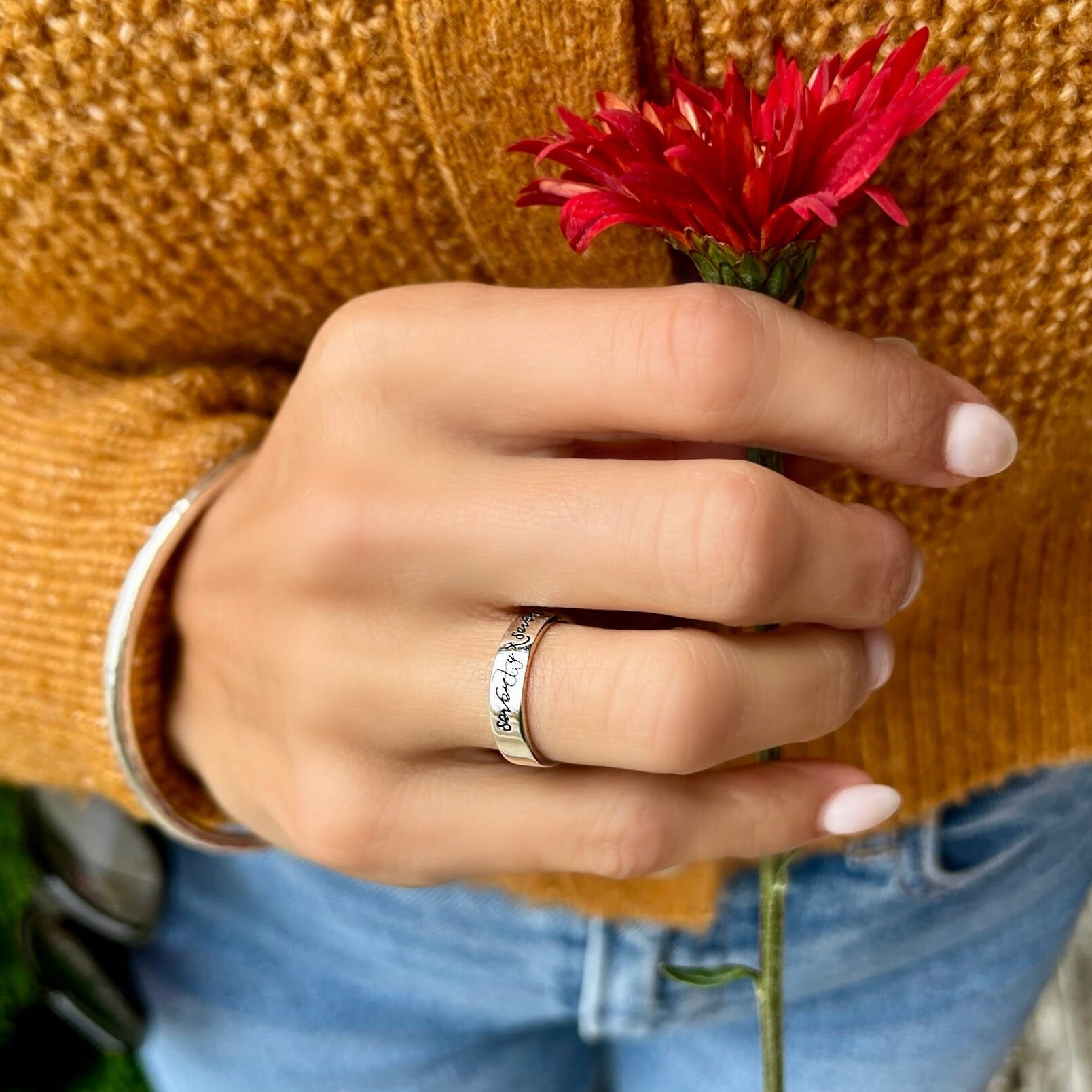 thin band Christian ring handcrafted in sterling silver with an inspirational meaning