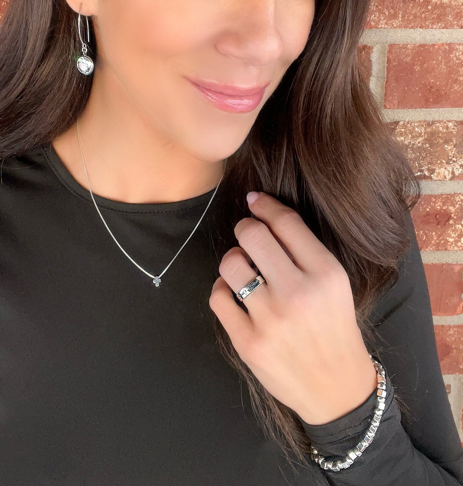 Seventy X Seven Ring paired with Shine Like Silver Earrings, Itty Bitty Cross Necklace, and Cubes and Beads Bracelet