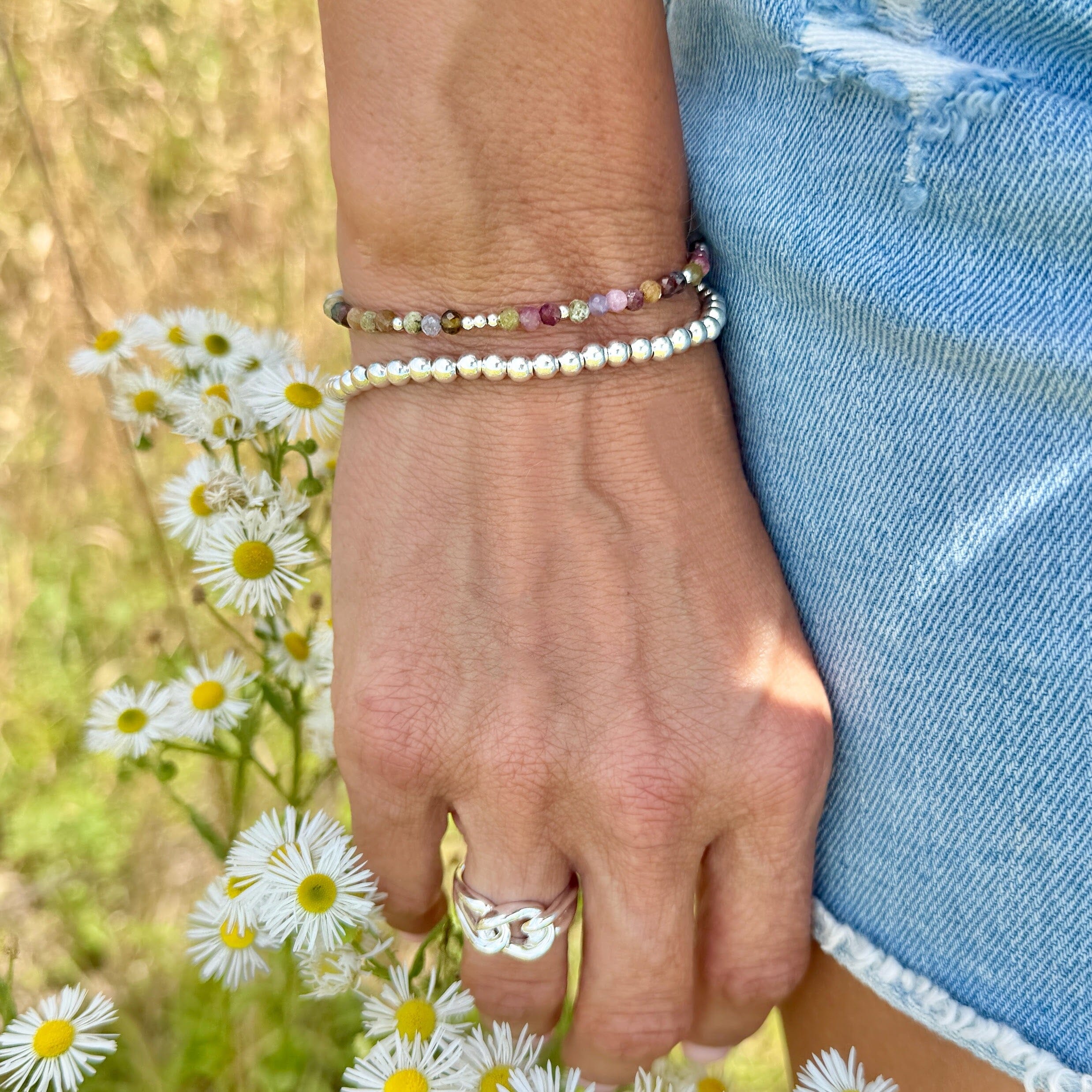 sterling silver stack bracelet with colorful stones