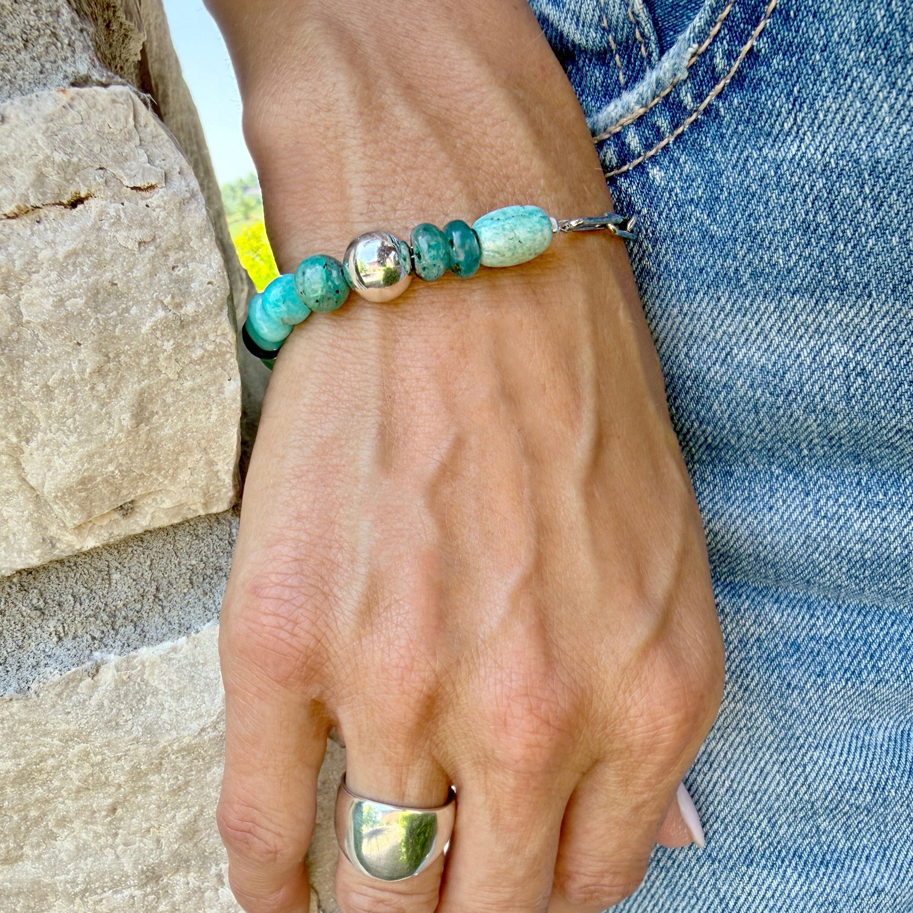 paperclip chain bracelet featuring turquoise colored beads