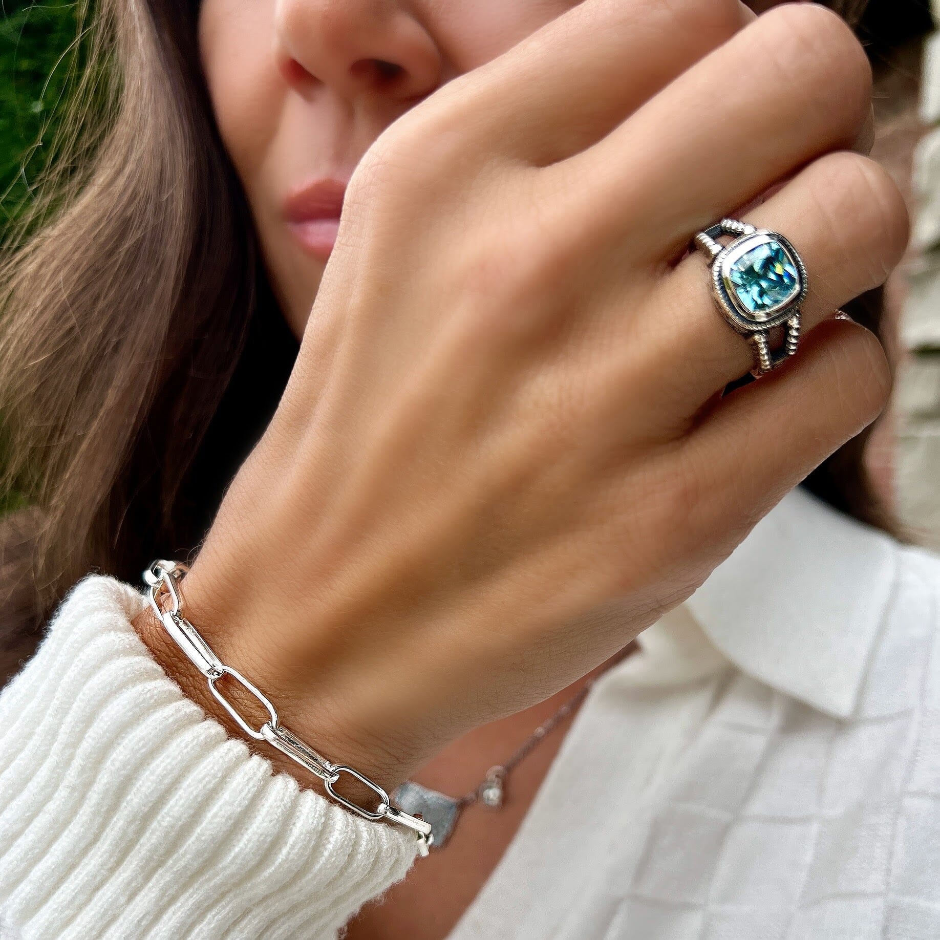 Silver creek bracelet paired with the island sky ring 