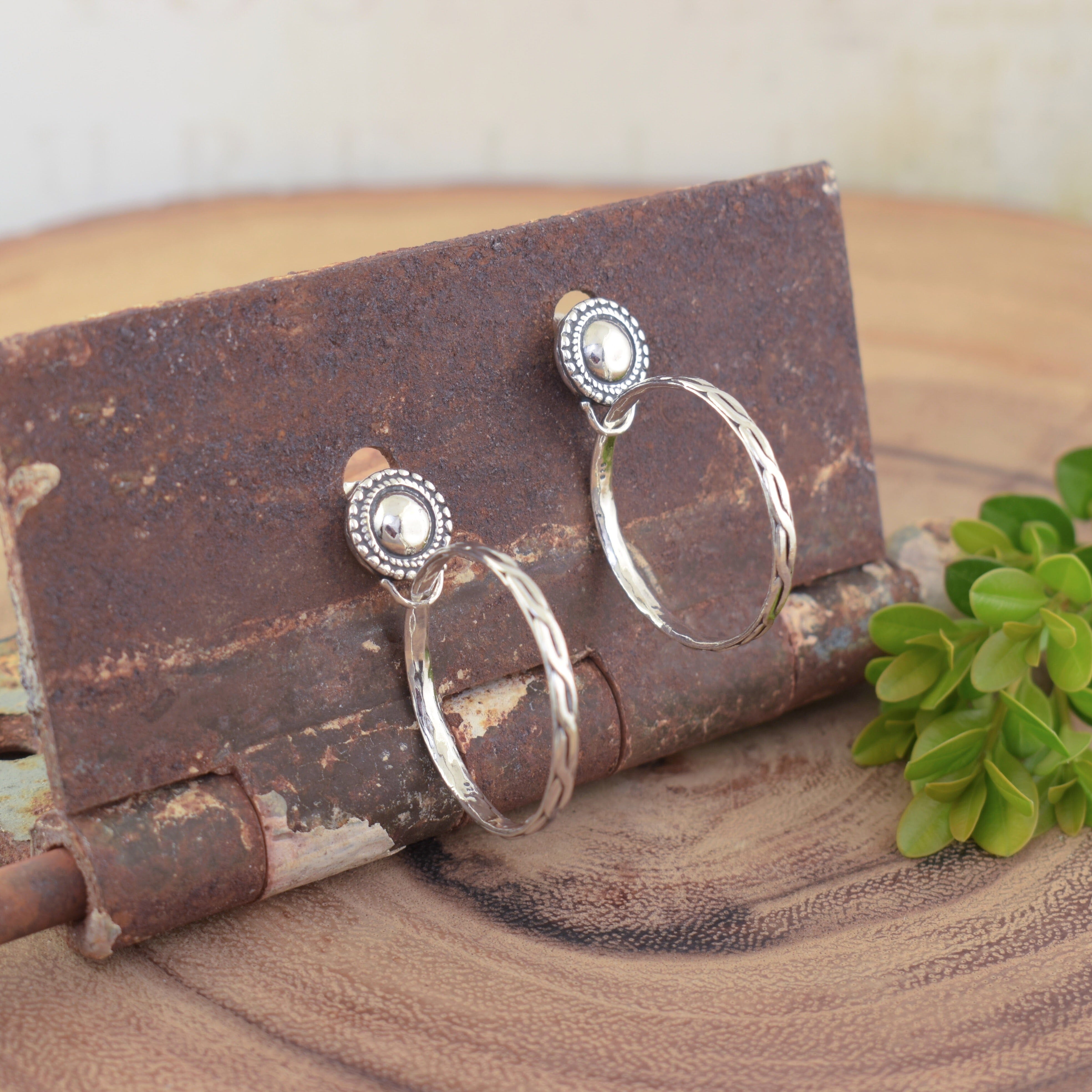 sterling silver hand crafted post back earrings with dangling hoops