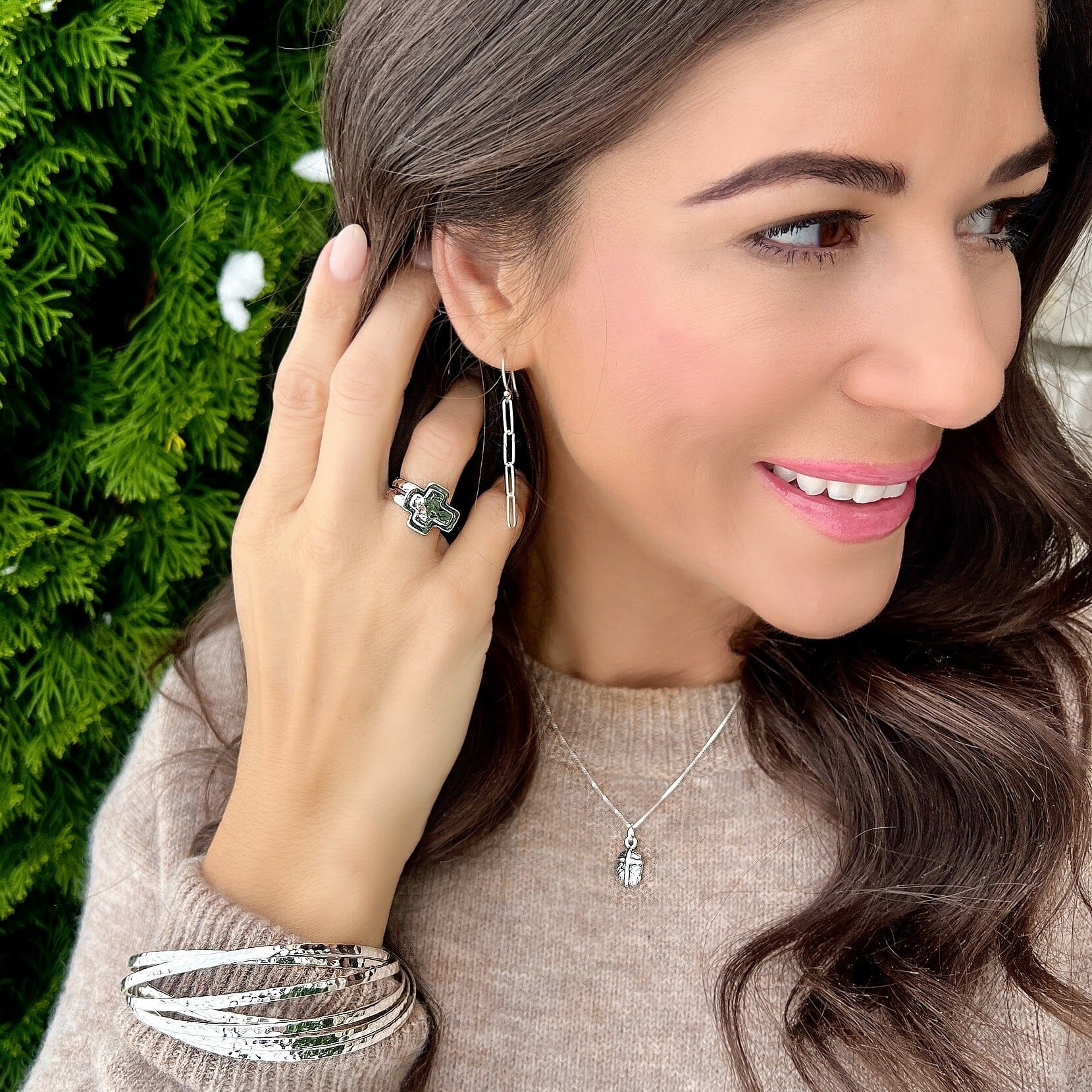 paperclip earrings paired with santa fe ring, the falls bangle and warrior necklace