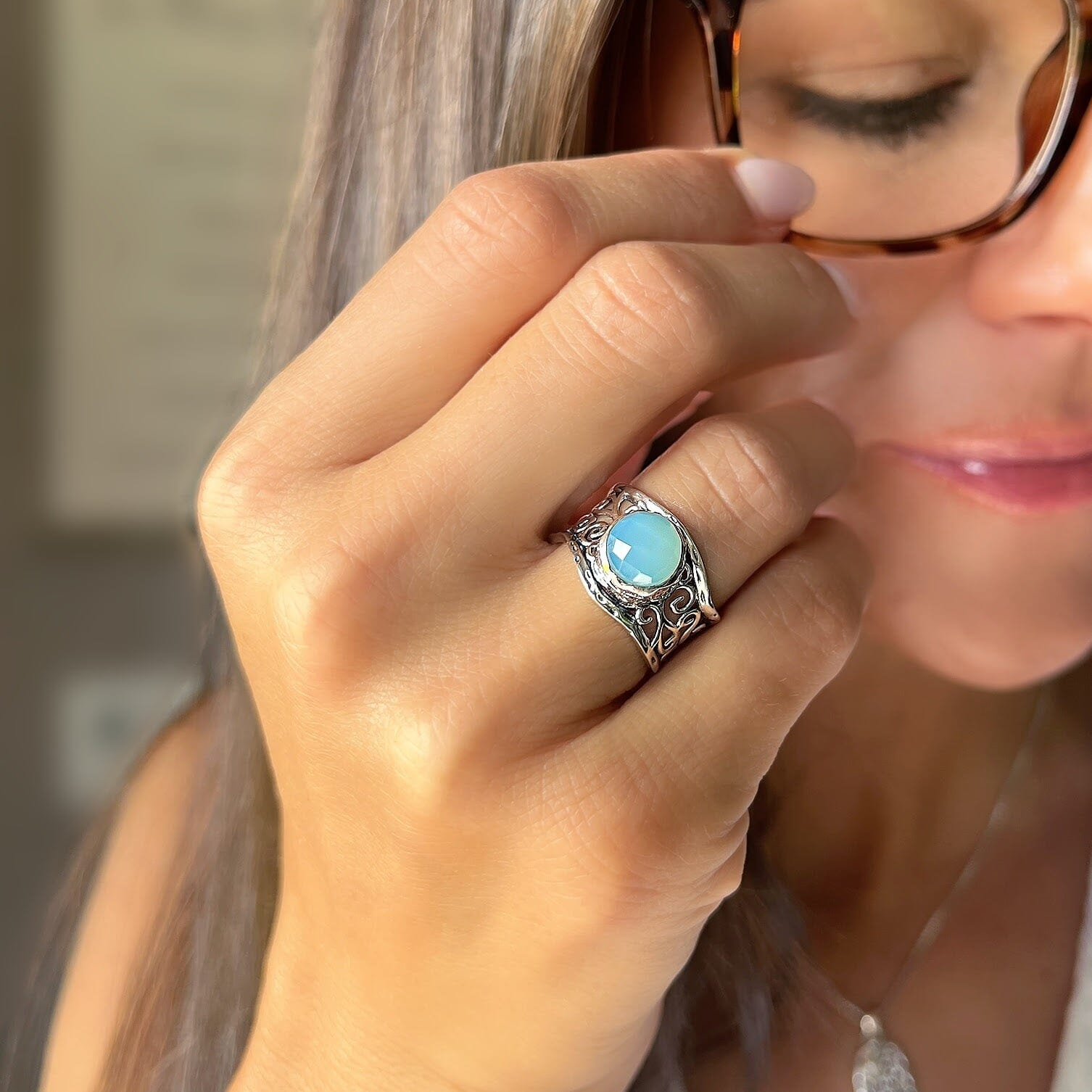 Aqua Chalcedony stone bezel set on a sterling silver ring high polished, oxidized