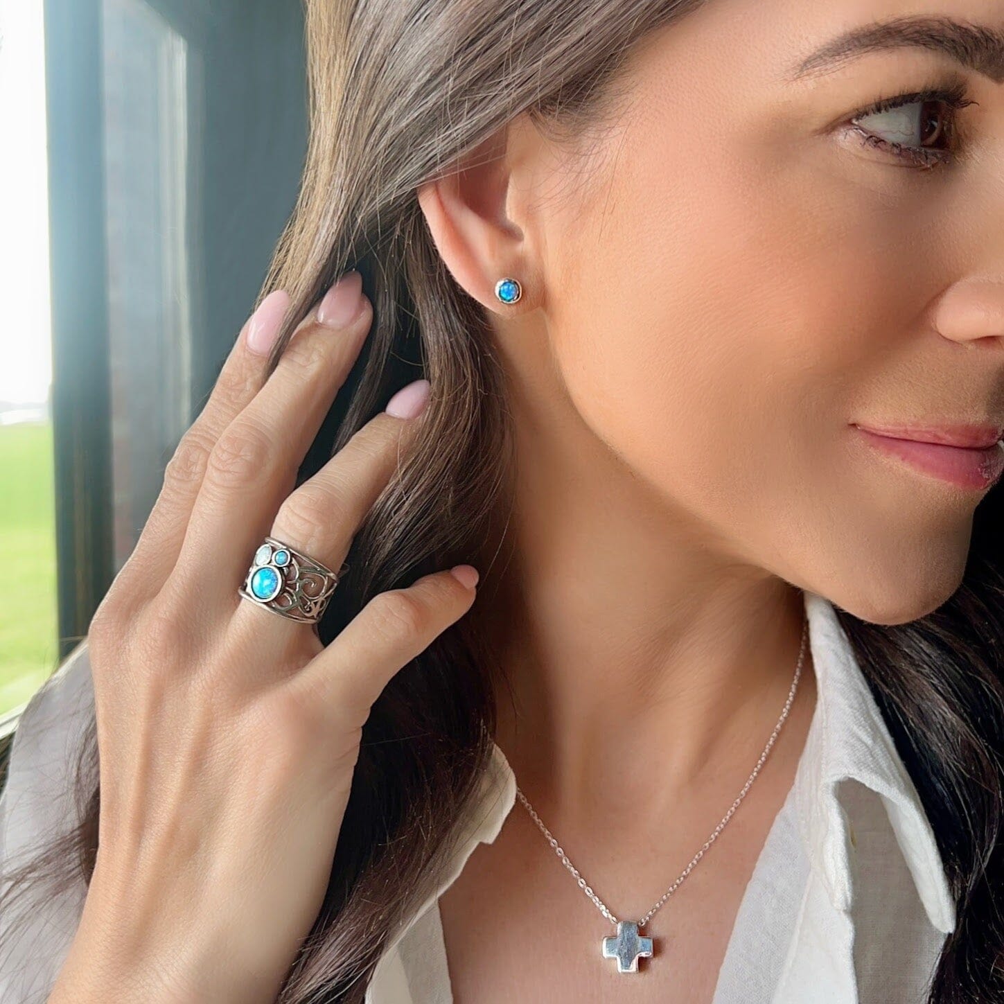 dainty reconstructed opal earrings paired with I Dream in Opal Ring