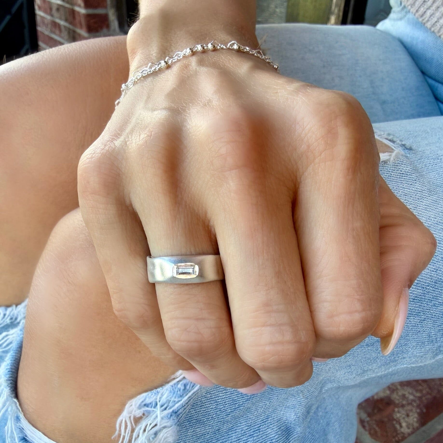 brushed silver band with cz center