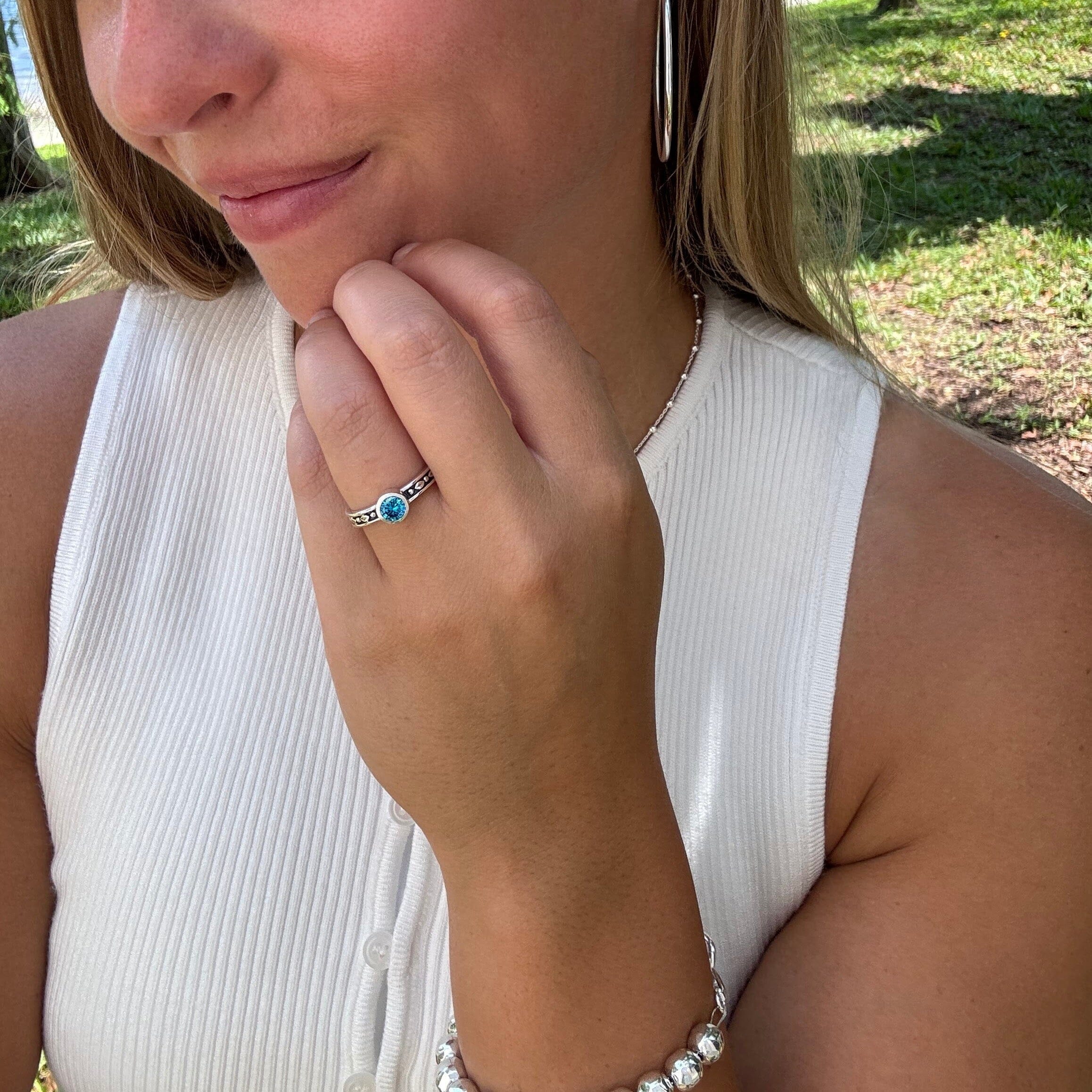 thin blue cz bezel set in handcrafted sterling silver - Sparkling Blue Ring