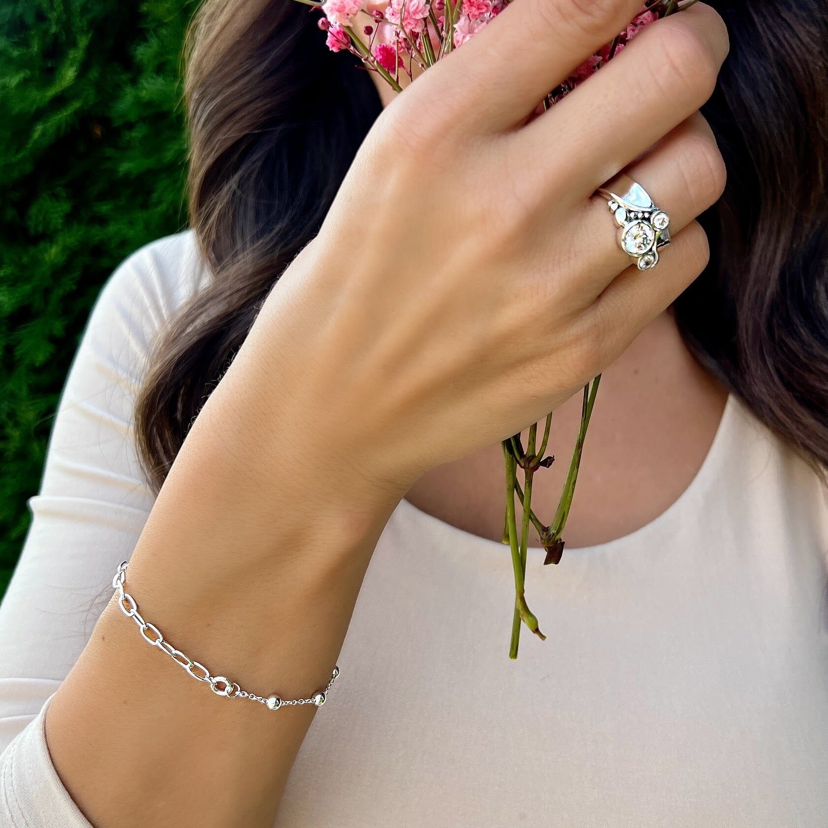 beaded paperclip link bracelet in sterling silver