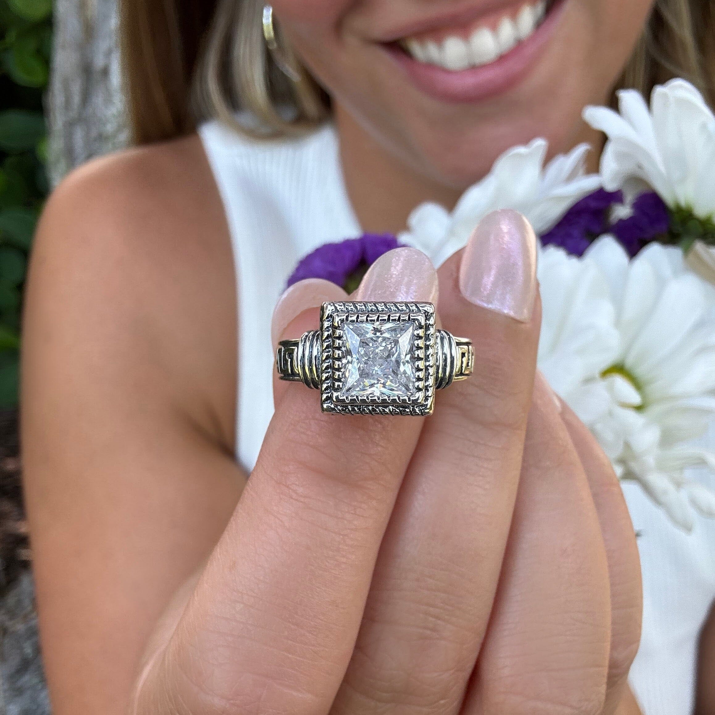 Sterling silver Square cut CZ stone with a detailed band