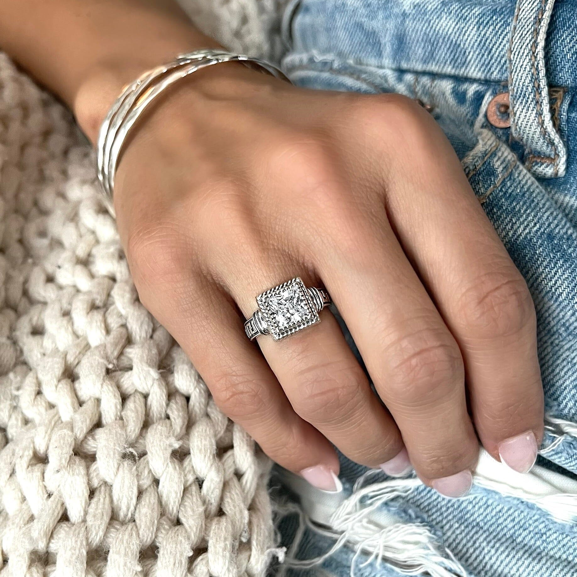 Handcrafted sterling silver bezel set square clear cz stone