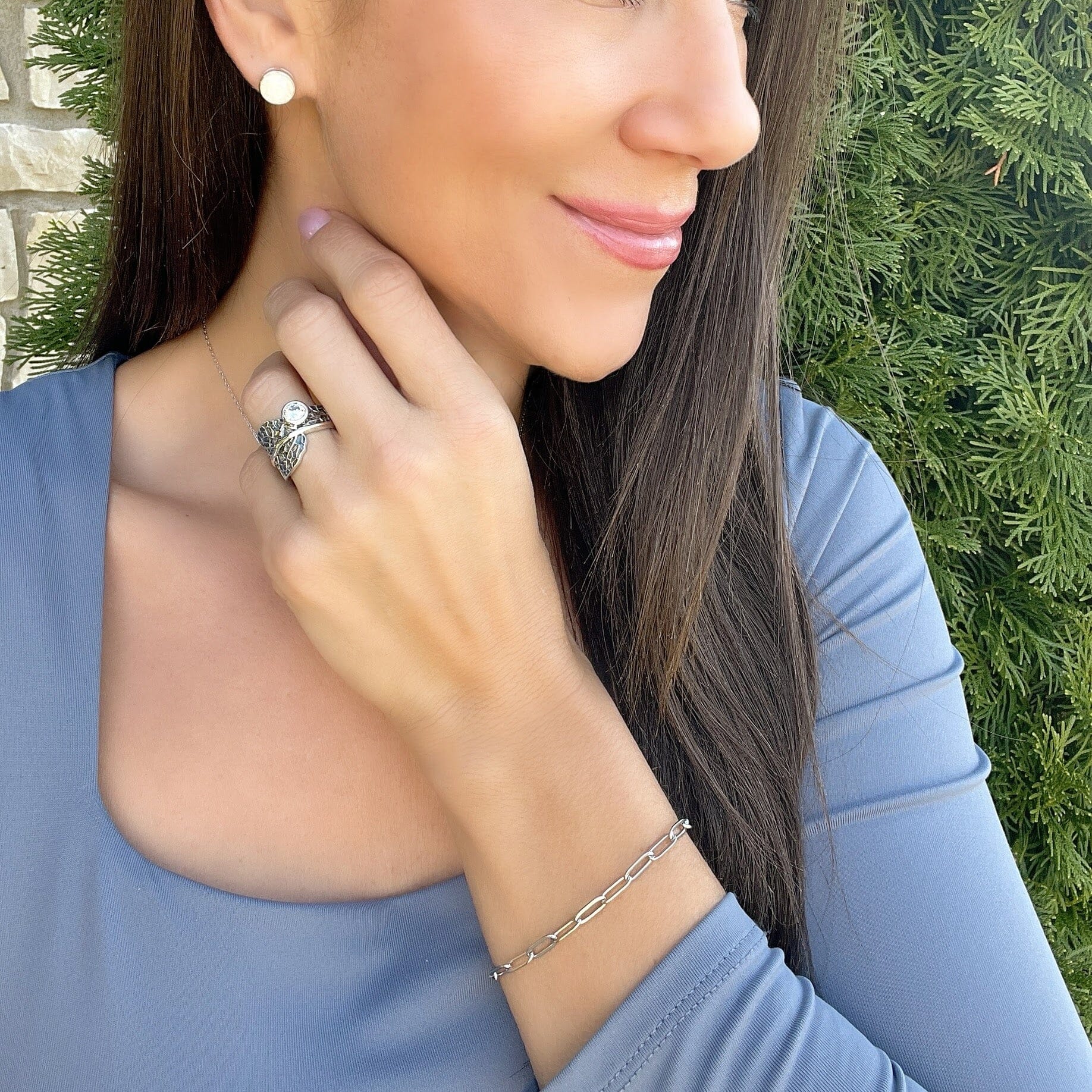 Stainless Paperclip Bracelet paired with Maui Bliss Ring and White Opal Earrings