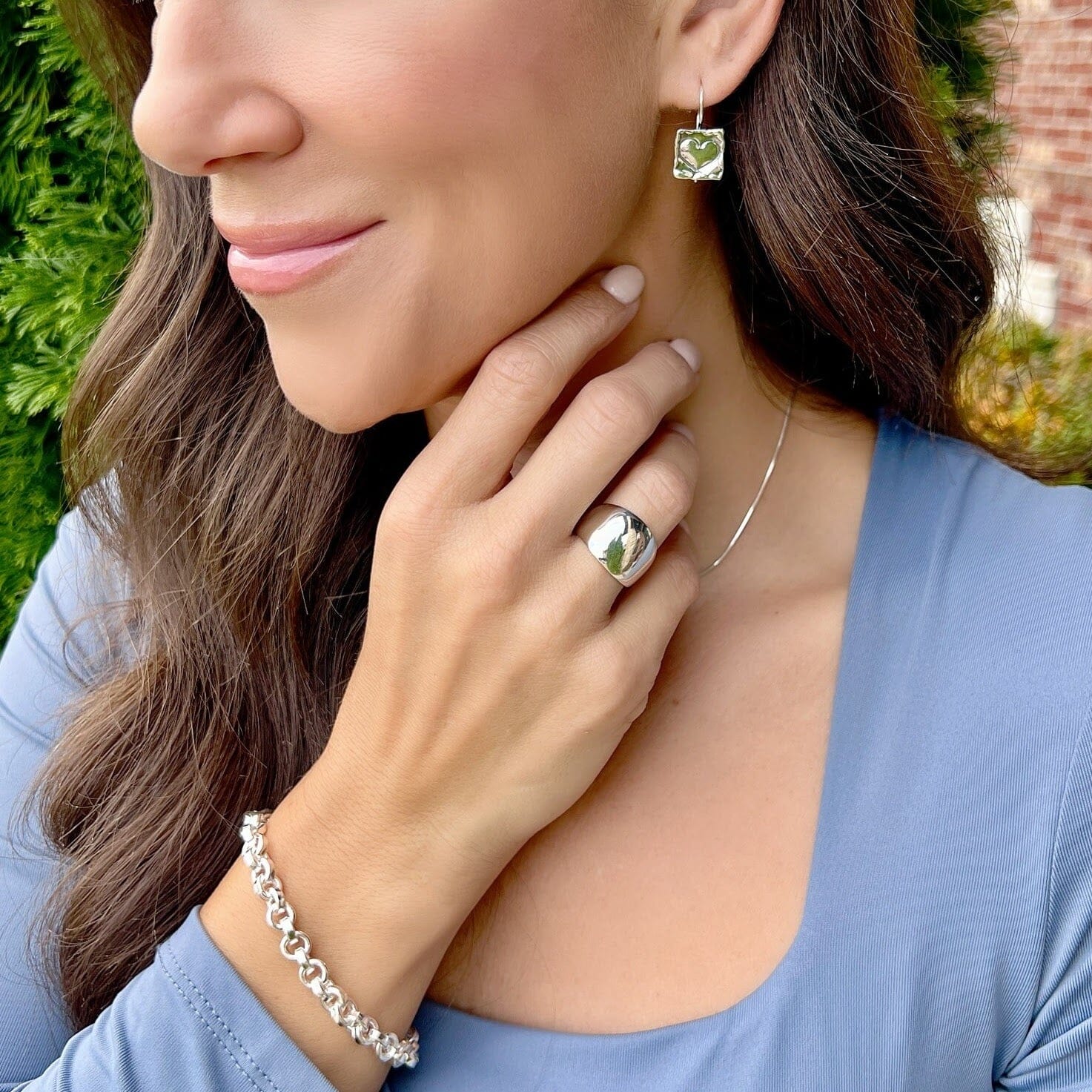 Stamped With Love Earrings paired with Simple Things Necklace, Classic Dome ring, and Bonita Bracelet