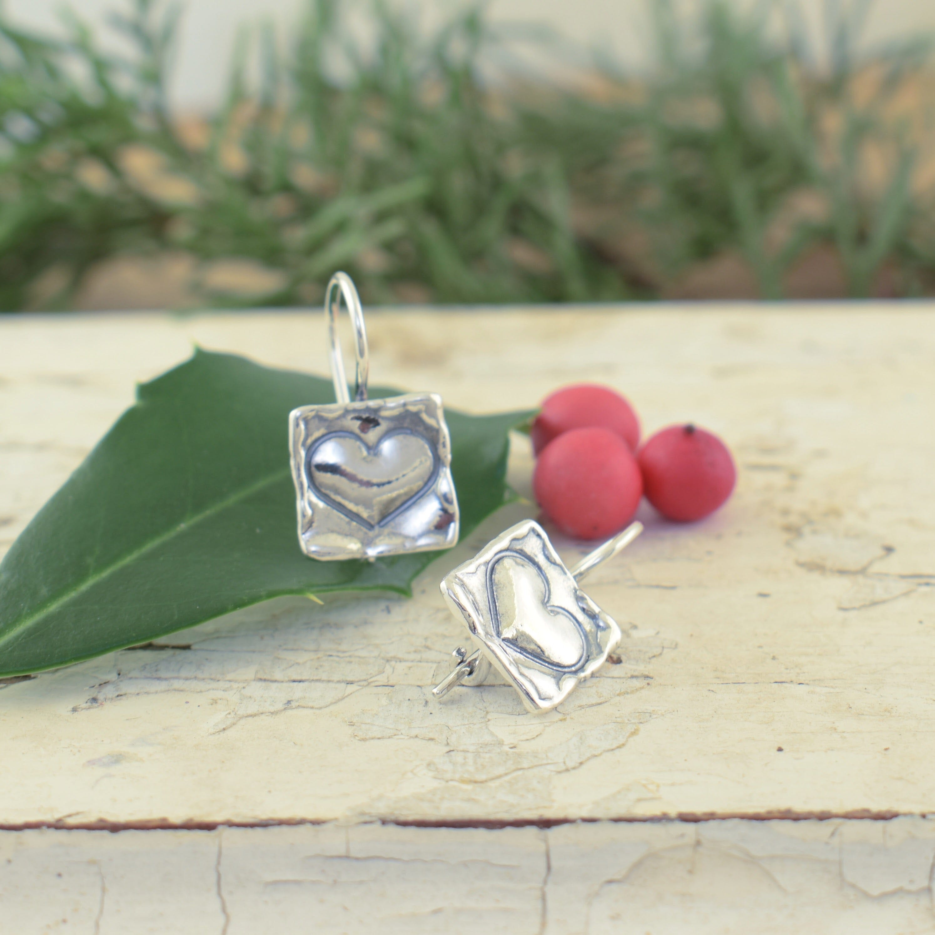 hook back earrings with stamped hearts
