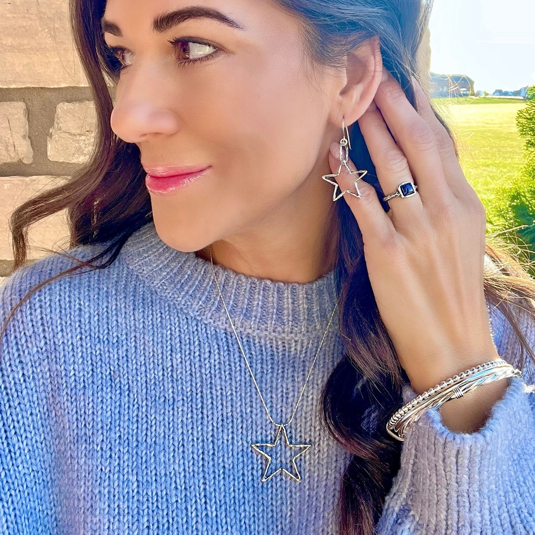 Star Spangled necklace paired with Star-Spangled earrings ,all the rage bangle and Bali blue ring