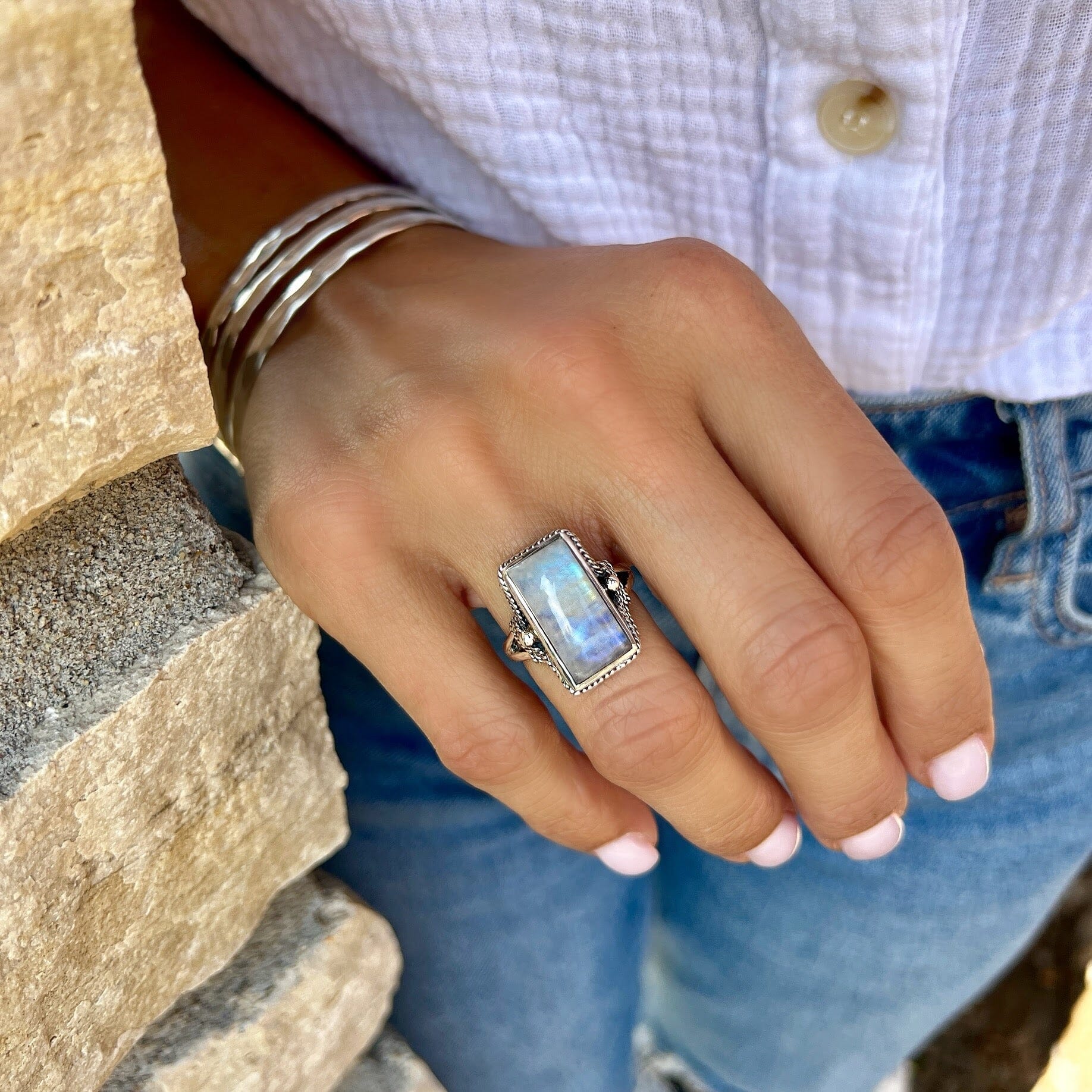 statement ring with Rainbow Moonstone stone