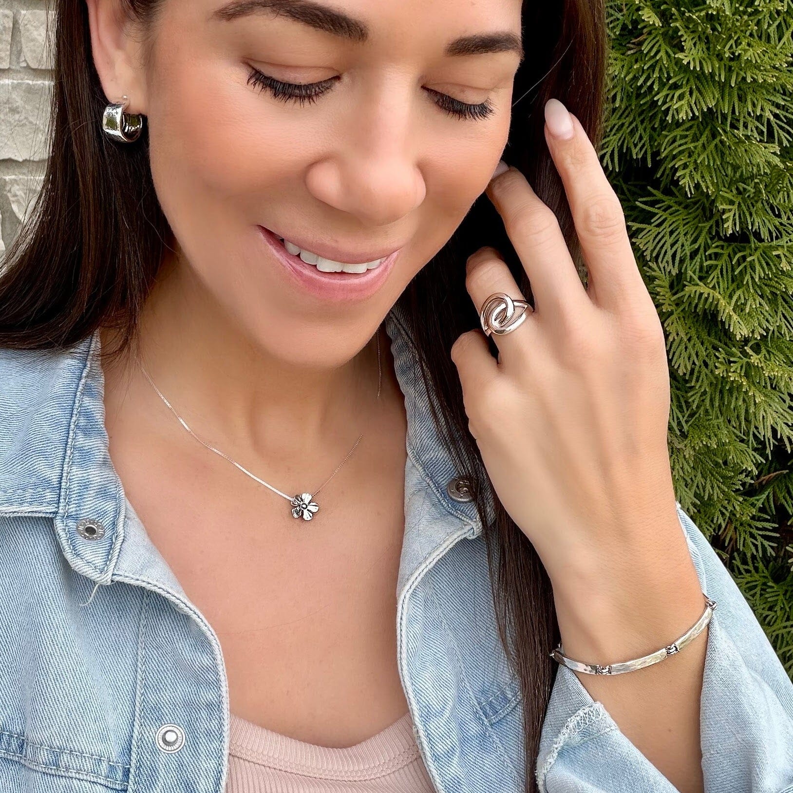 Straight Talker Bracelet paired witn Sisters Ring, Susannah Necklace, and Dust and Silver Earrings