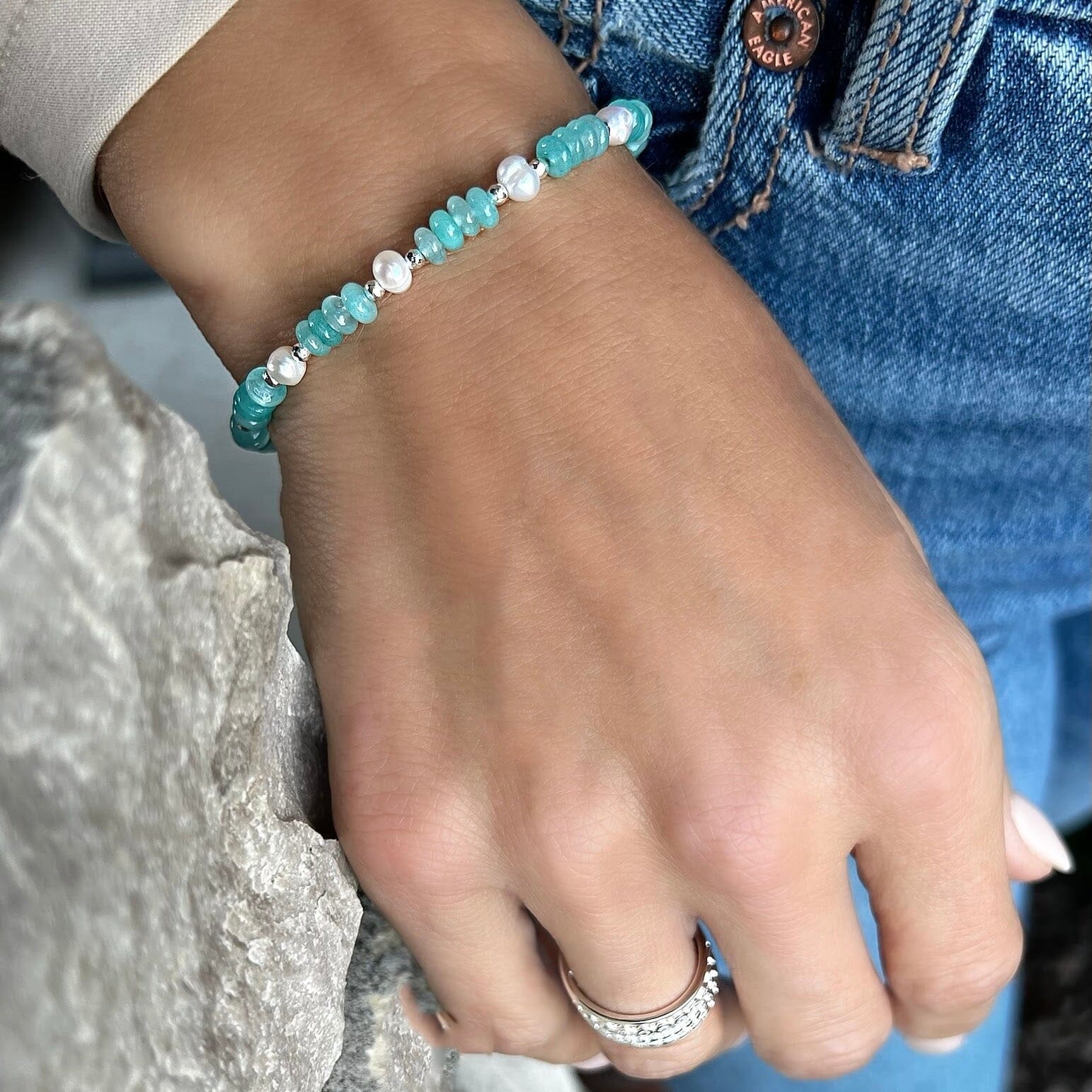 sterling silver, freshwater pearl, and amazonite bracelet