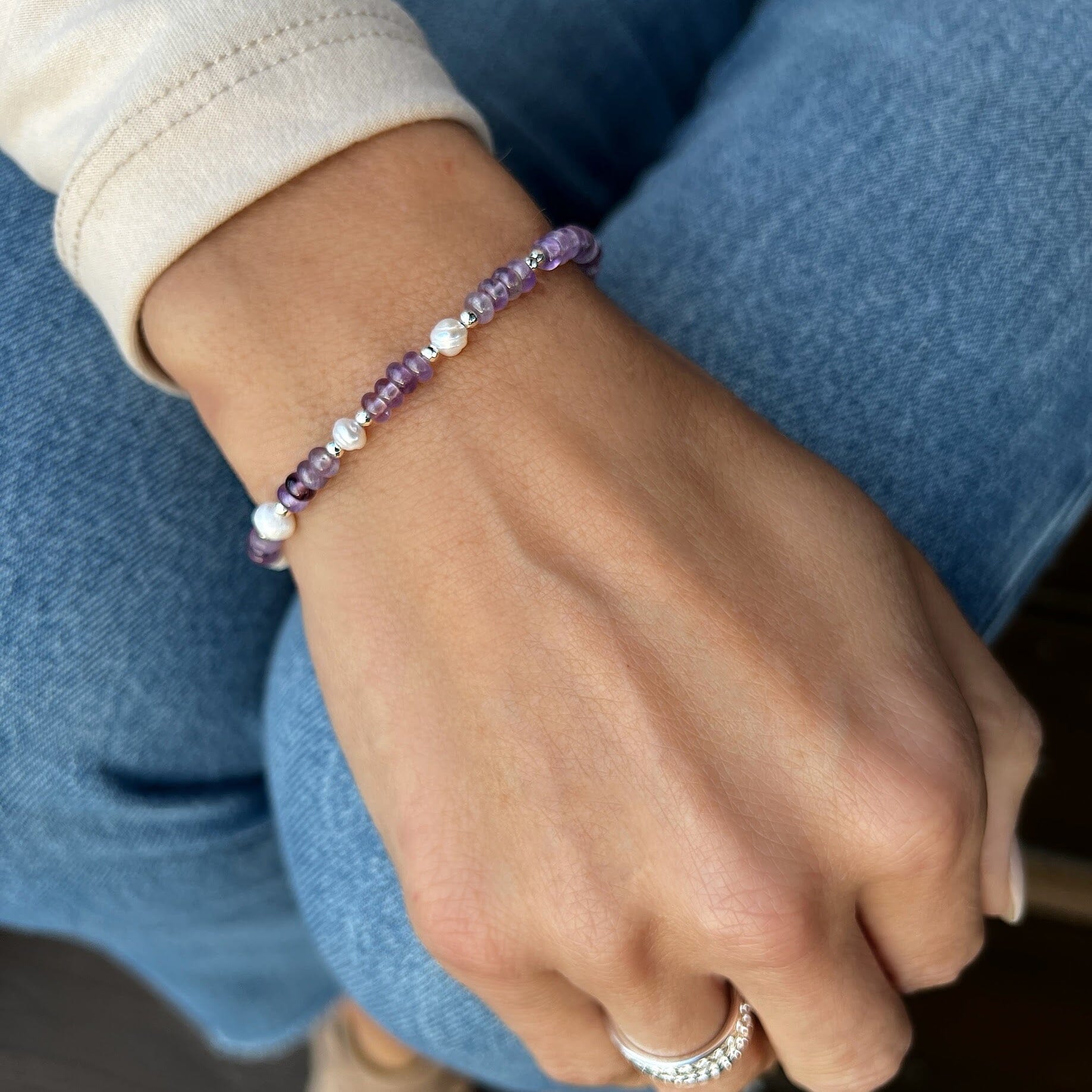 sterling silver, freshwater pearl, and amethyst bracelet