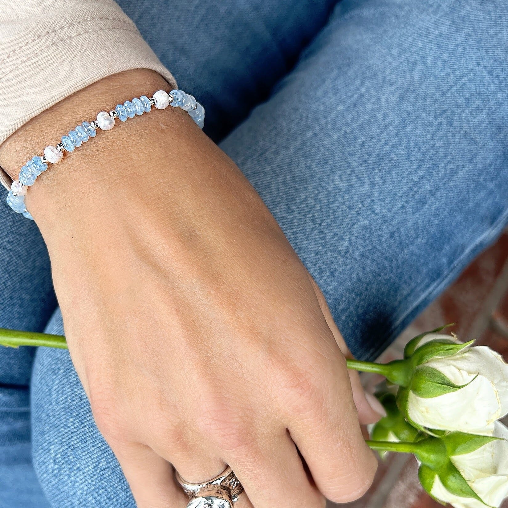 sterling silver, freshwater pearl, and blue aquamarine bracelet