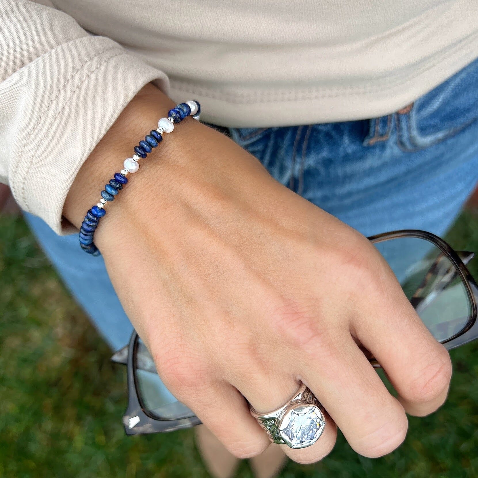 sterling silver, freshwater pearl, and lapis lazuli bracelet