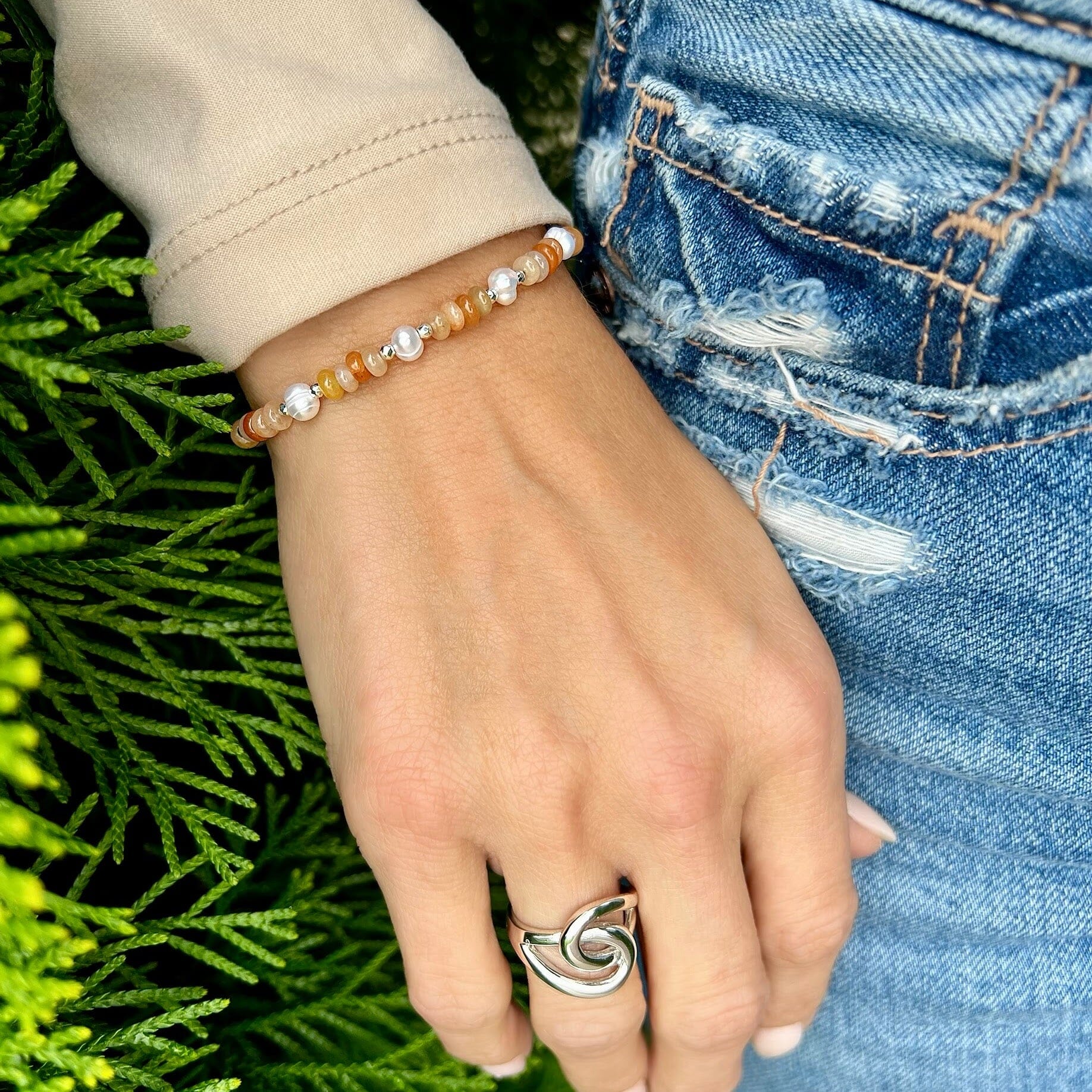 sterling silver, freshwater pearl, and orange agate bracelet