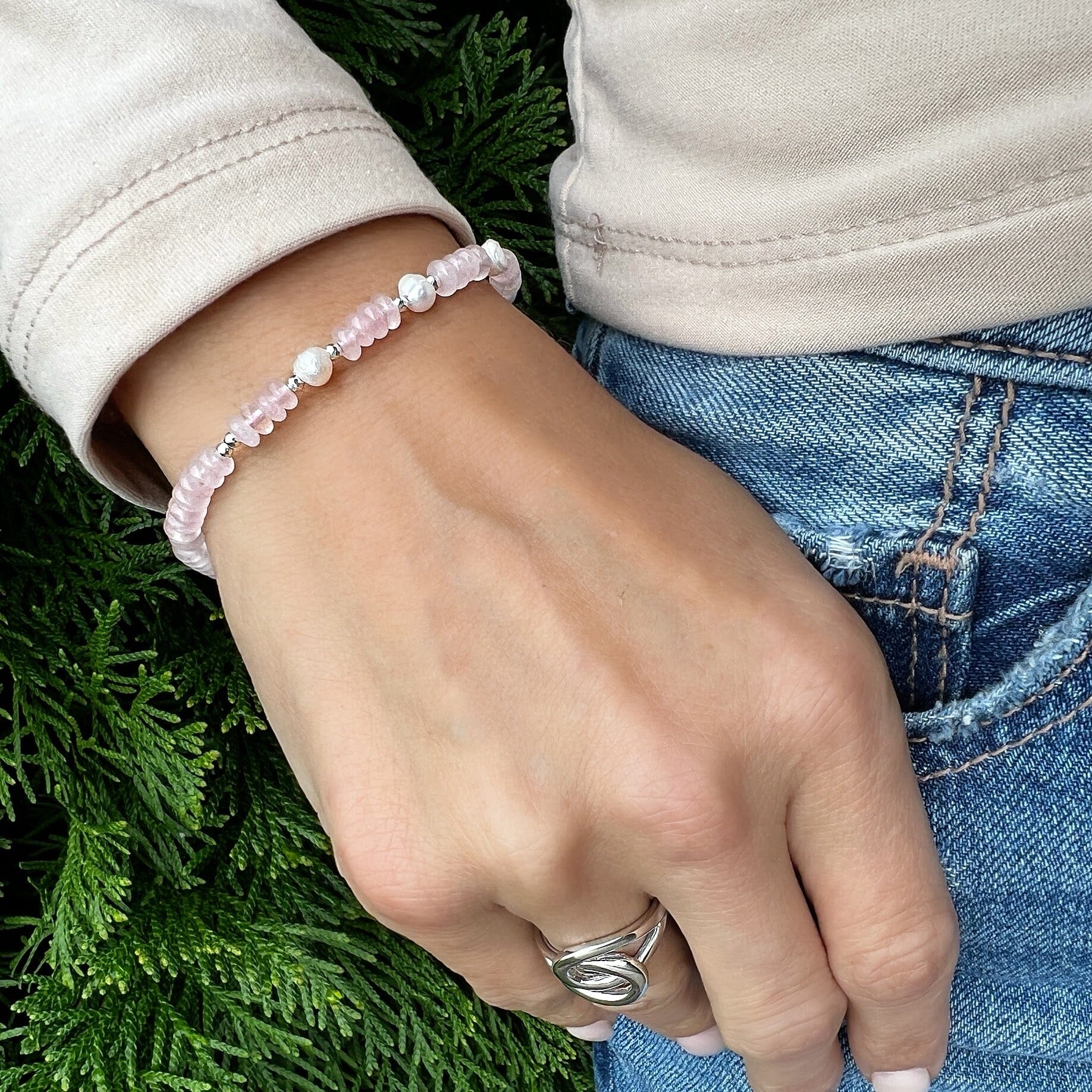 sterling silver, freshwater pearl, and rose quartz bracelet