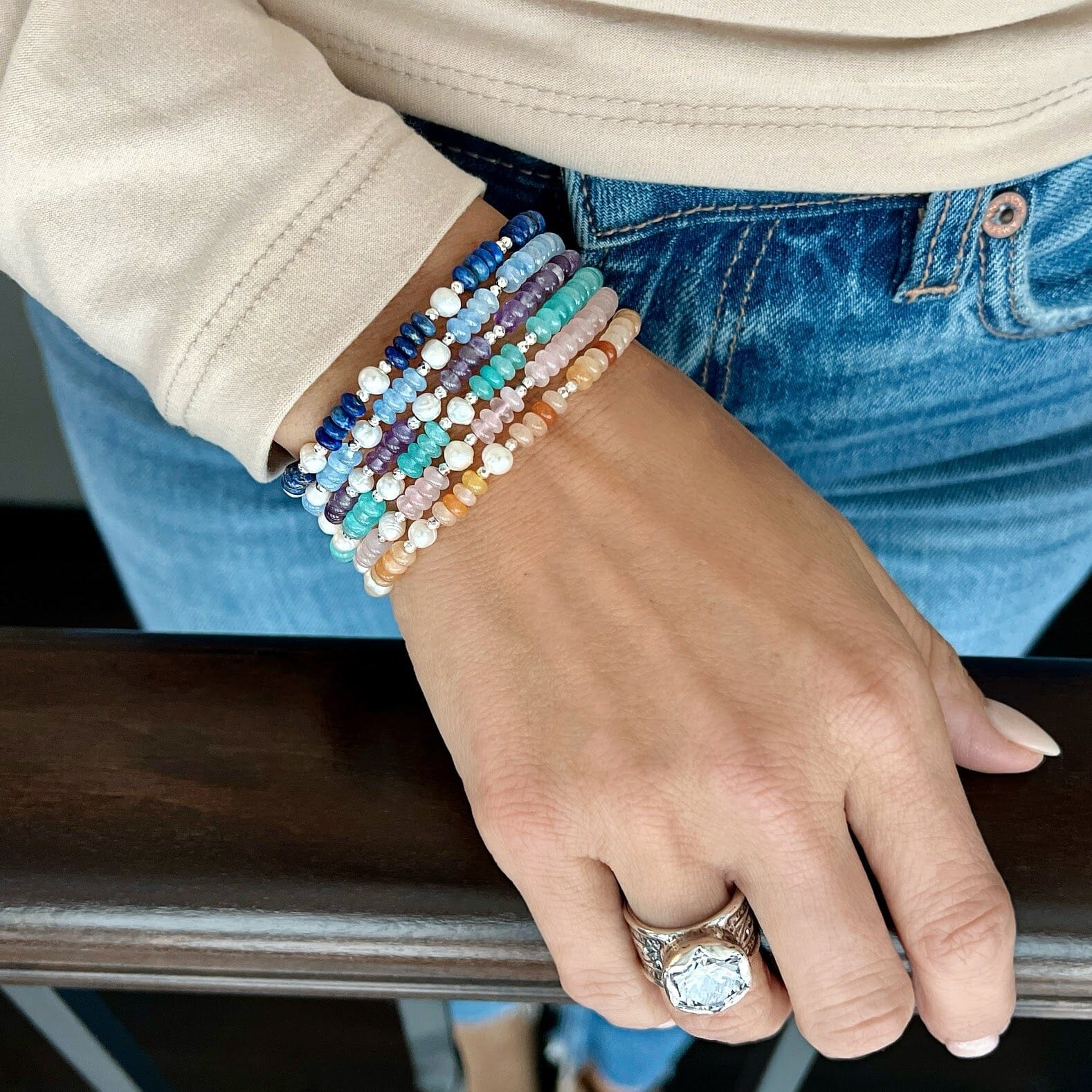 Style Stack Bracelets in lapis lazuli, blue aquamarine, amethyst, amazonite, rose quartz, and orange agate