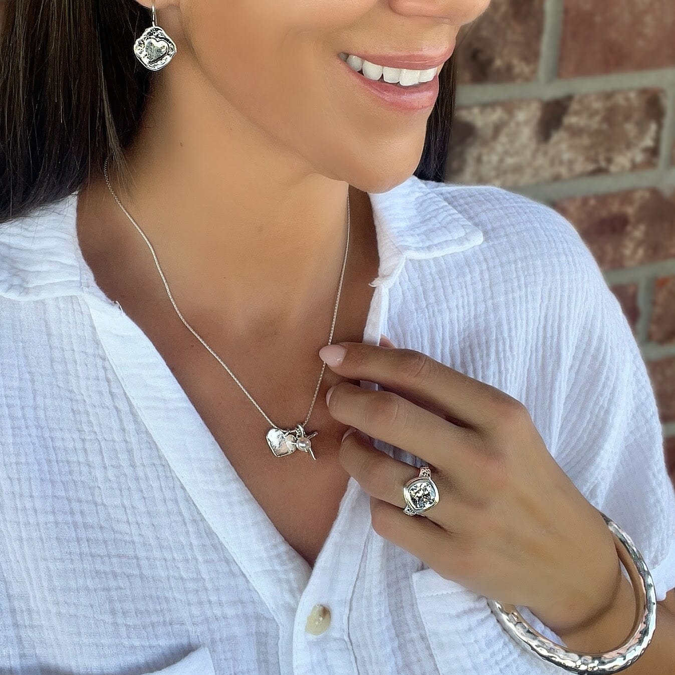 Sugar Rush Ring paired with Be Loved Earrings, Joyful Heart Necklace, and Hammered Bliss Bangle