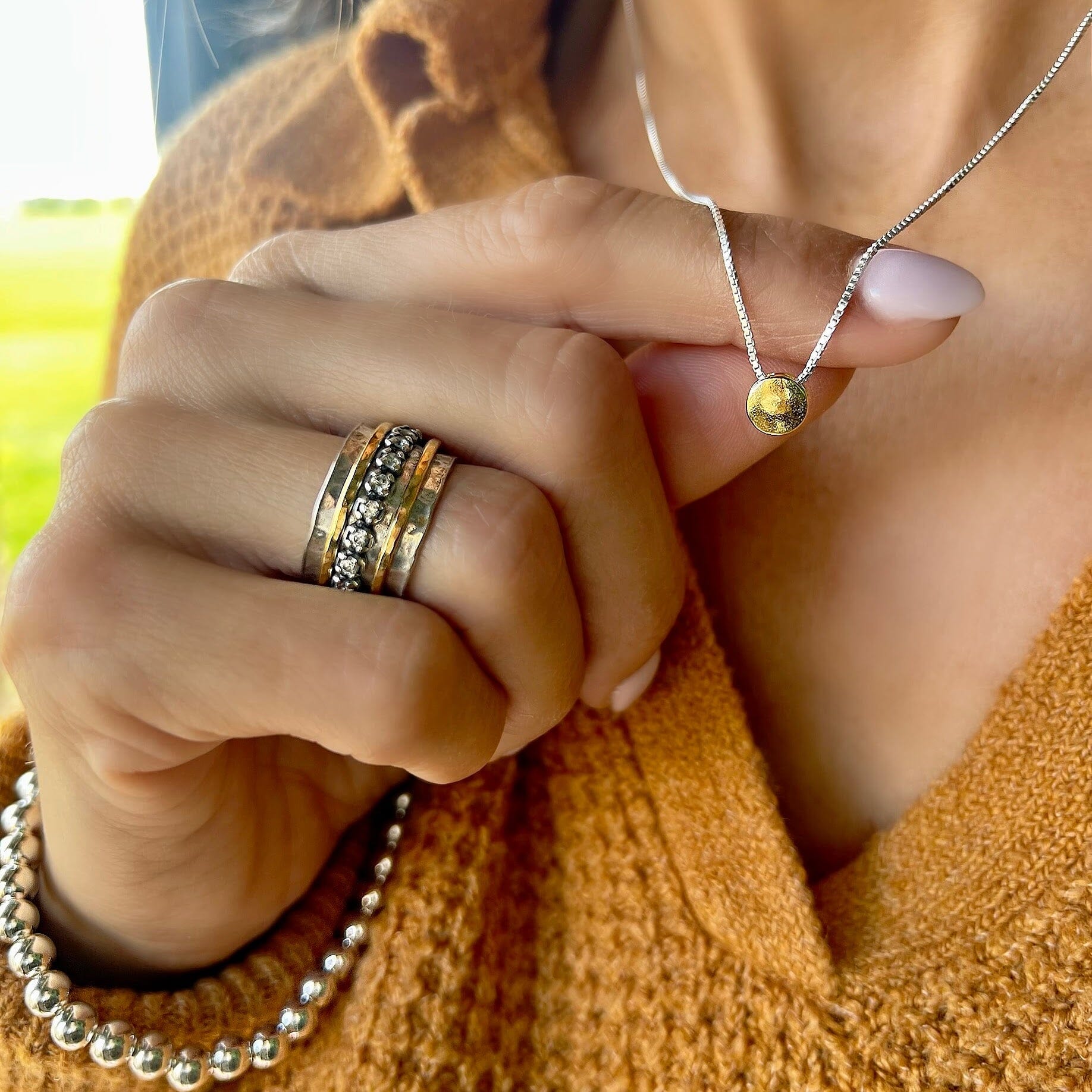 Sundrop necklace paired with beaded stack bracelet and primitive shine ring