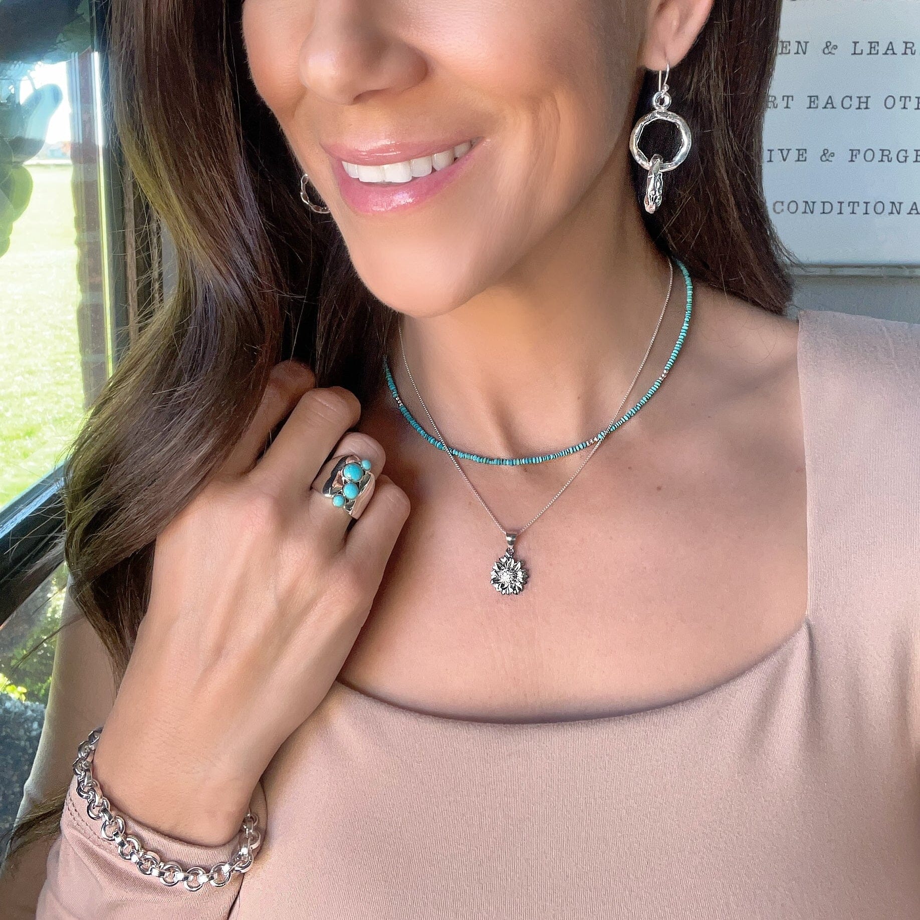 Sunflower Girl Necklace layered with Endless Turquoise Necklace
