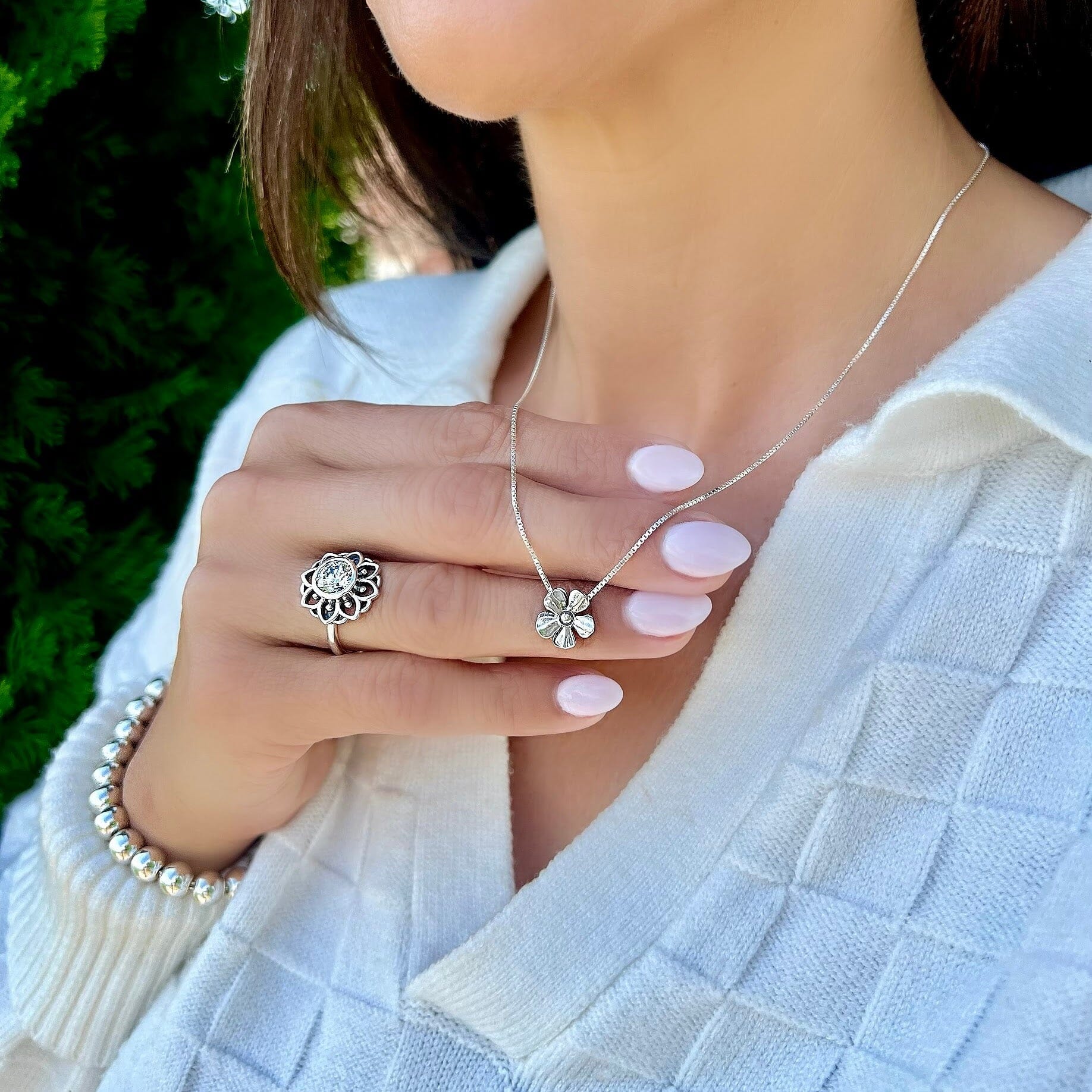 Sterling silver necklace paired with the hav'n a ball bracelet and Good day sunshine ring