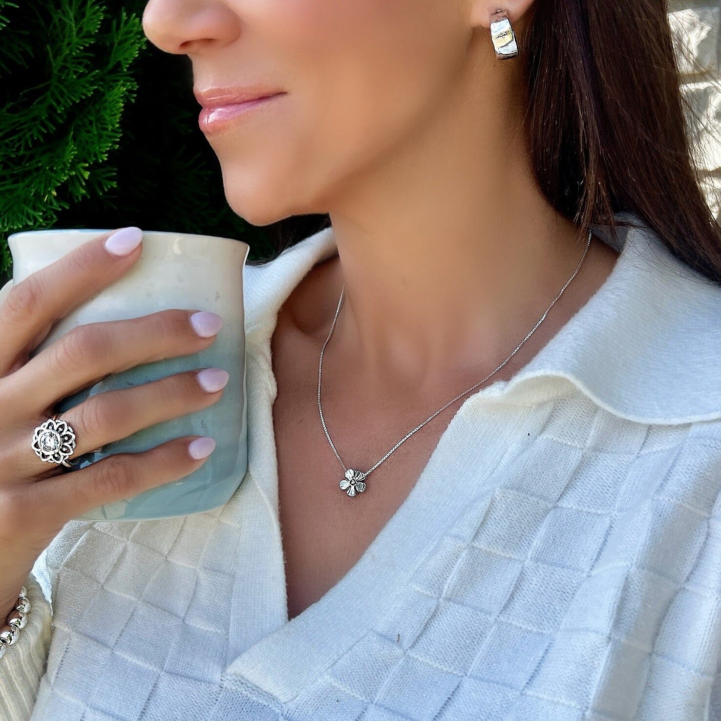 Handcrafted sterling silver oxidized flower necklace