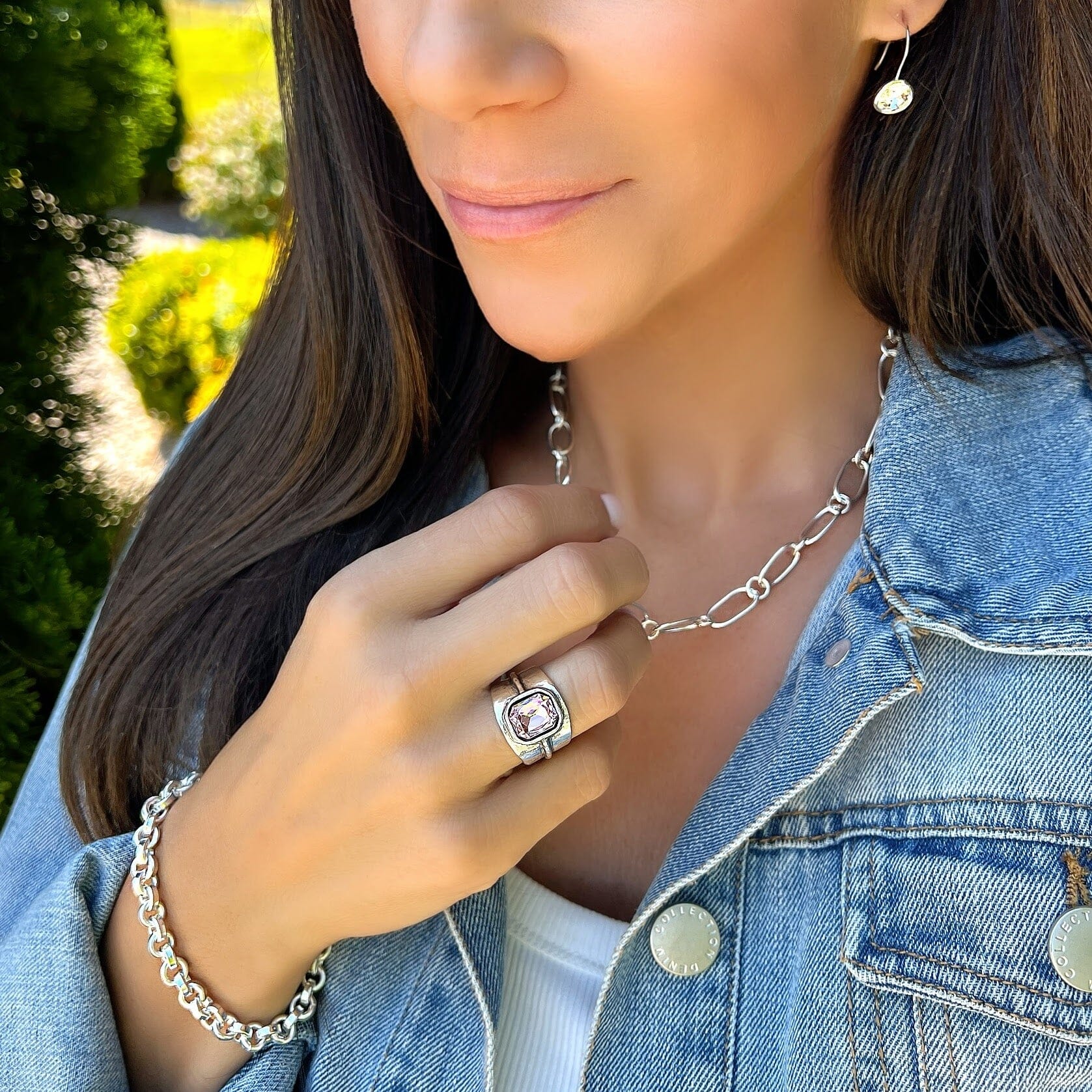 Sweet Talker Ring paired with Showstopper Earrings, Forever Linked Chain, and Bonita Bracelet