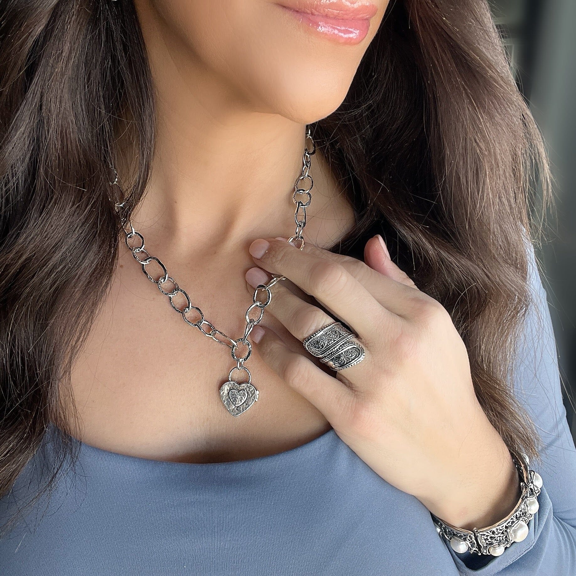 .925 silver jewelry Swoon ring, Fabulous bracelet and heart locket necklace