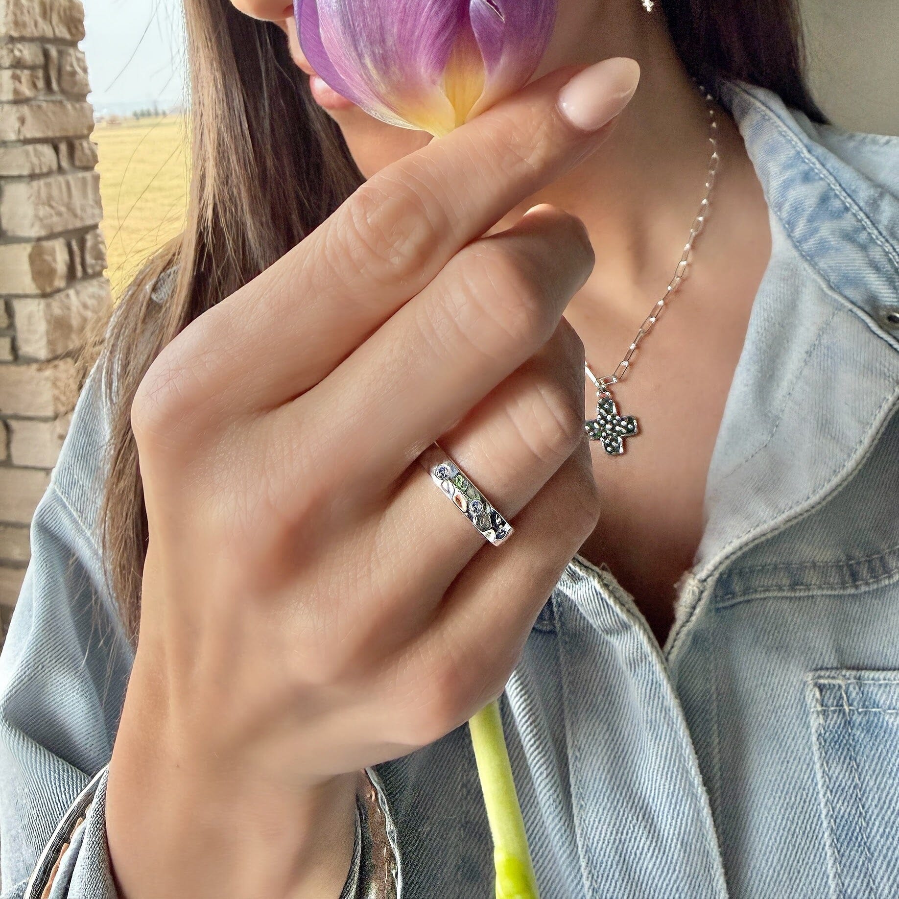 Tanzanite Confetti Ring paired with the Hammered Bliss Bangle and Set Free Necklace