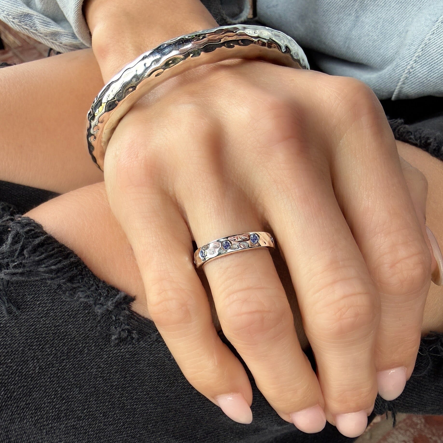 High polished sterling silver ring with cz stones
