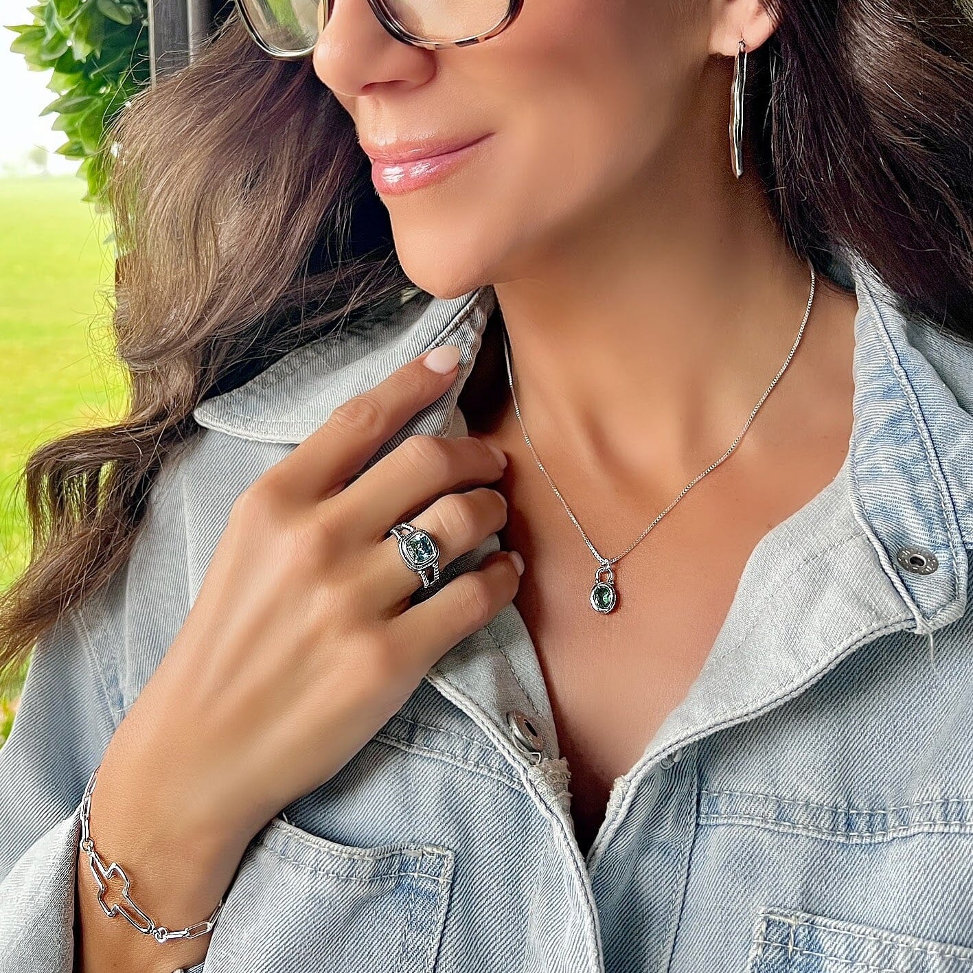 Tealicious necklace paired with the island sky ring and the overtly oval earrings and the agape bracelet