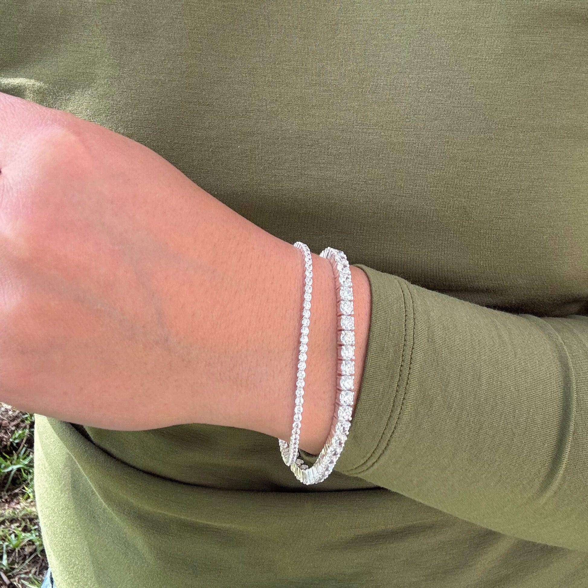 Tennis Bracelets in 4.3mm and 2.7mm sizes worn together