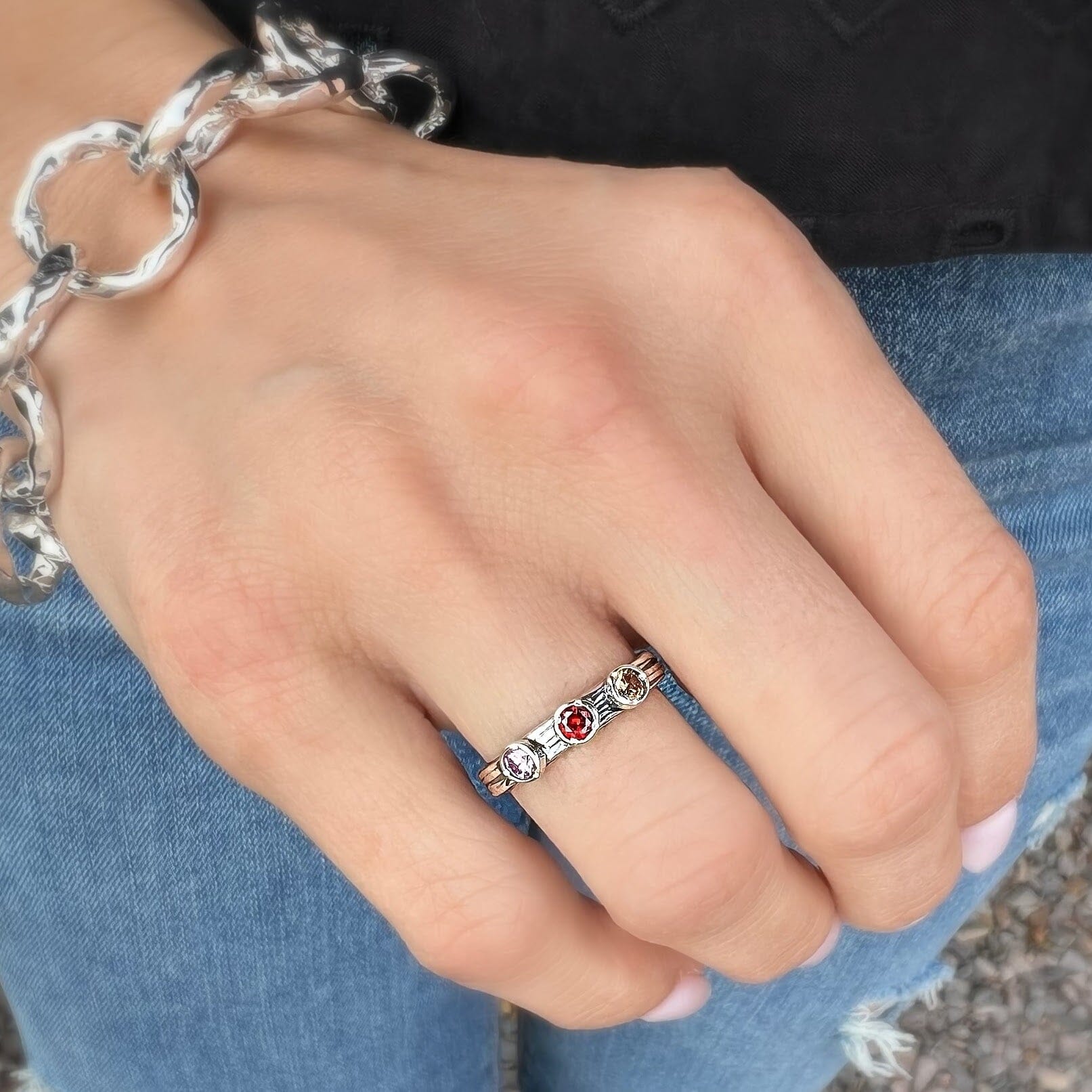 Three stone stackable birthstone ring