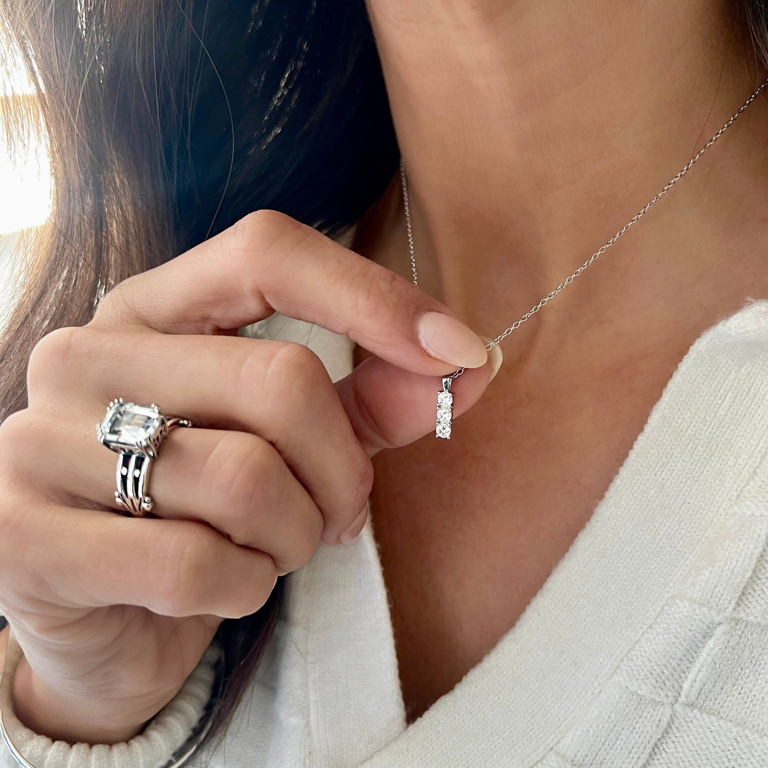 sterling silver and rhodium plated cz bar necklace