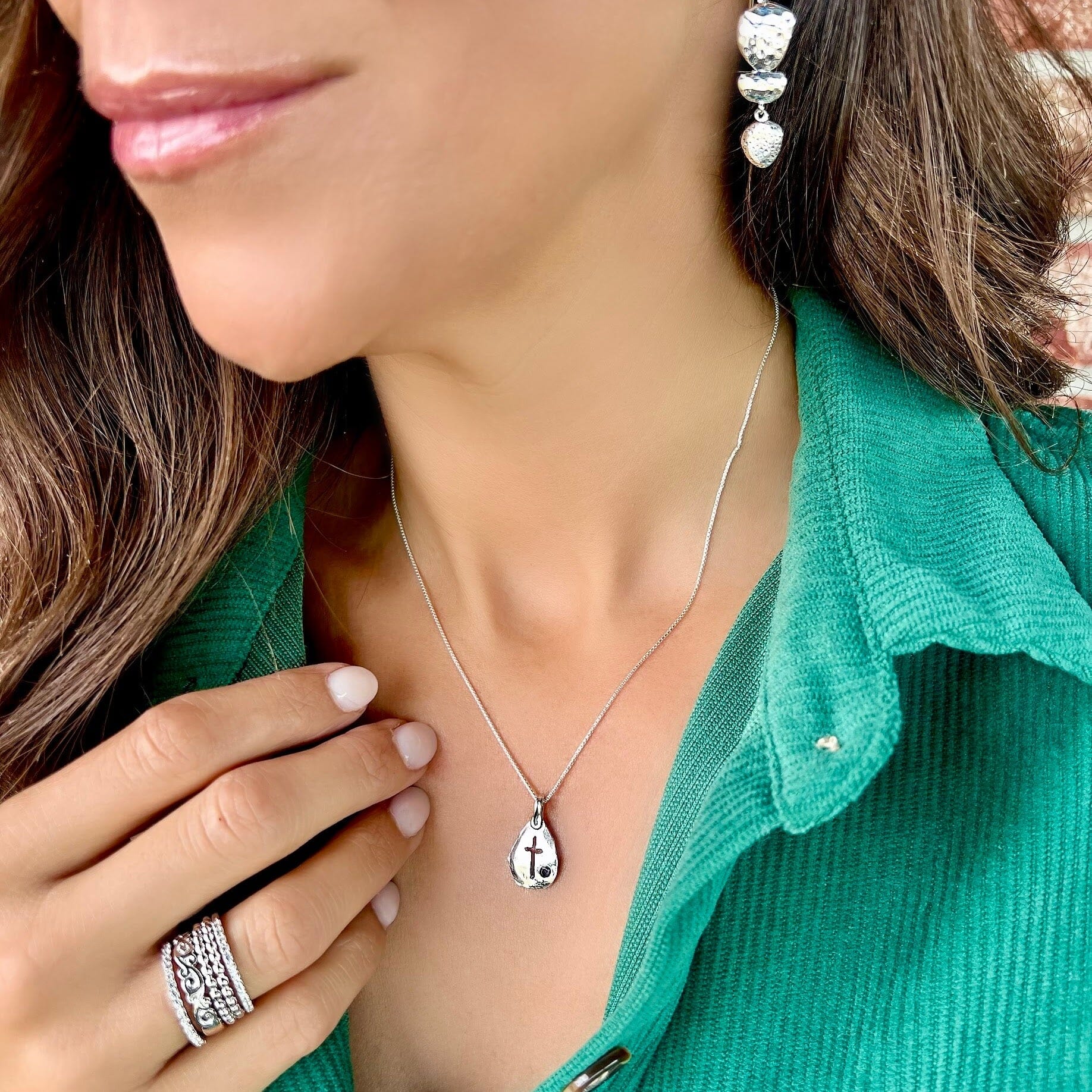 Tiny Testament Necklace paired with Bedrock Earrings and Scroll'n Bliss Ring