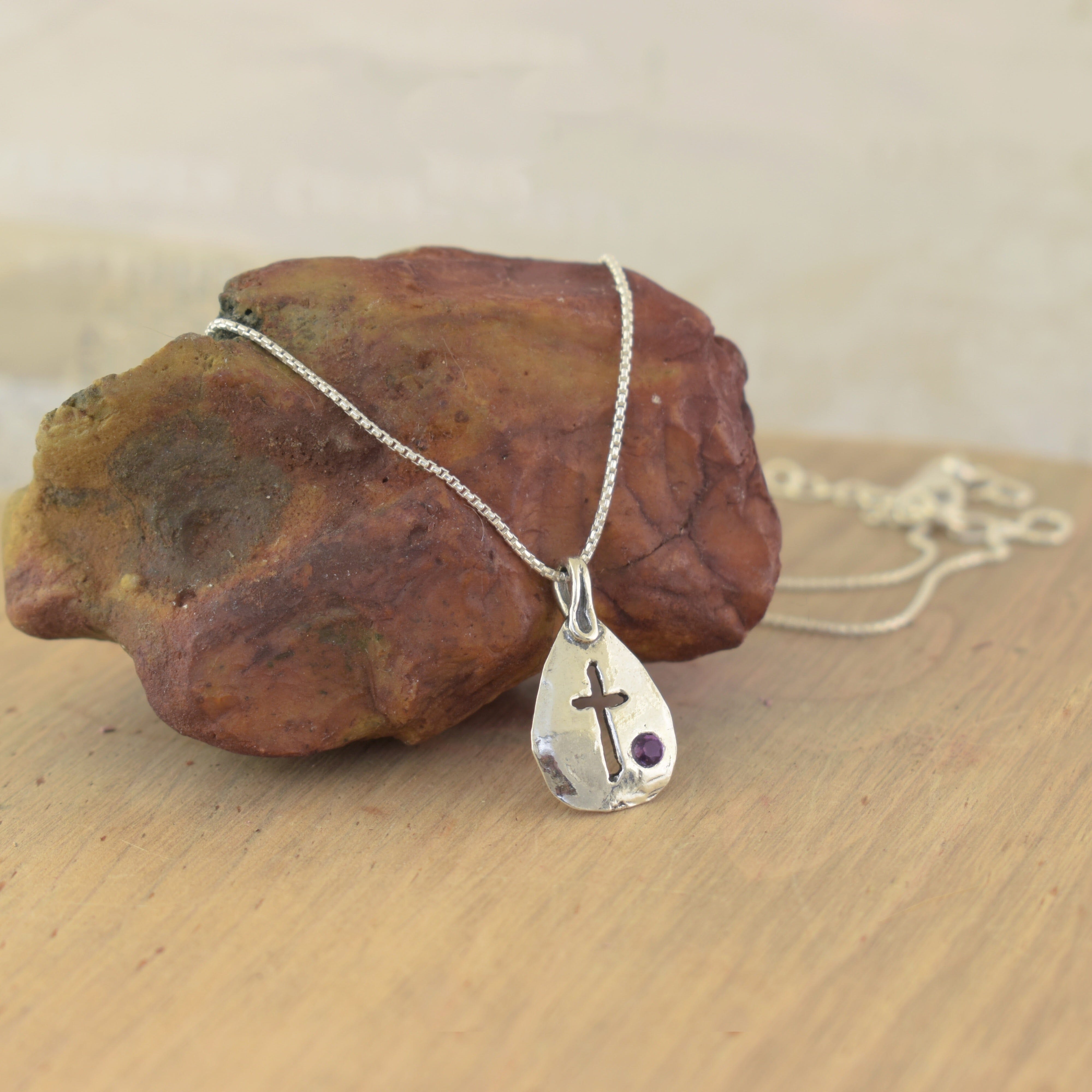 .925 Silver necklace with a Cross pendant and Amethyst stone on the front