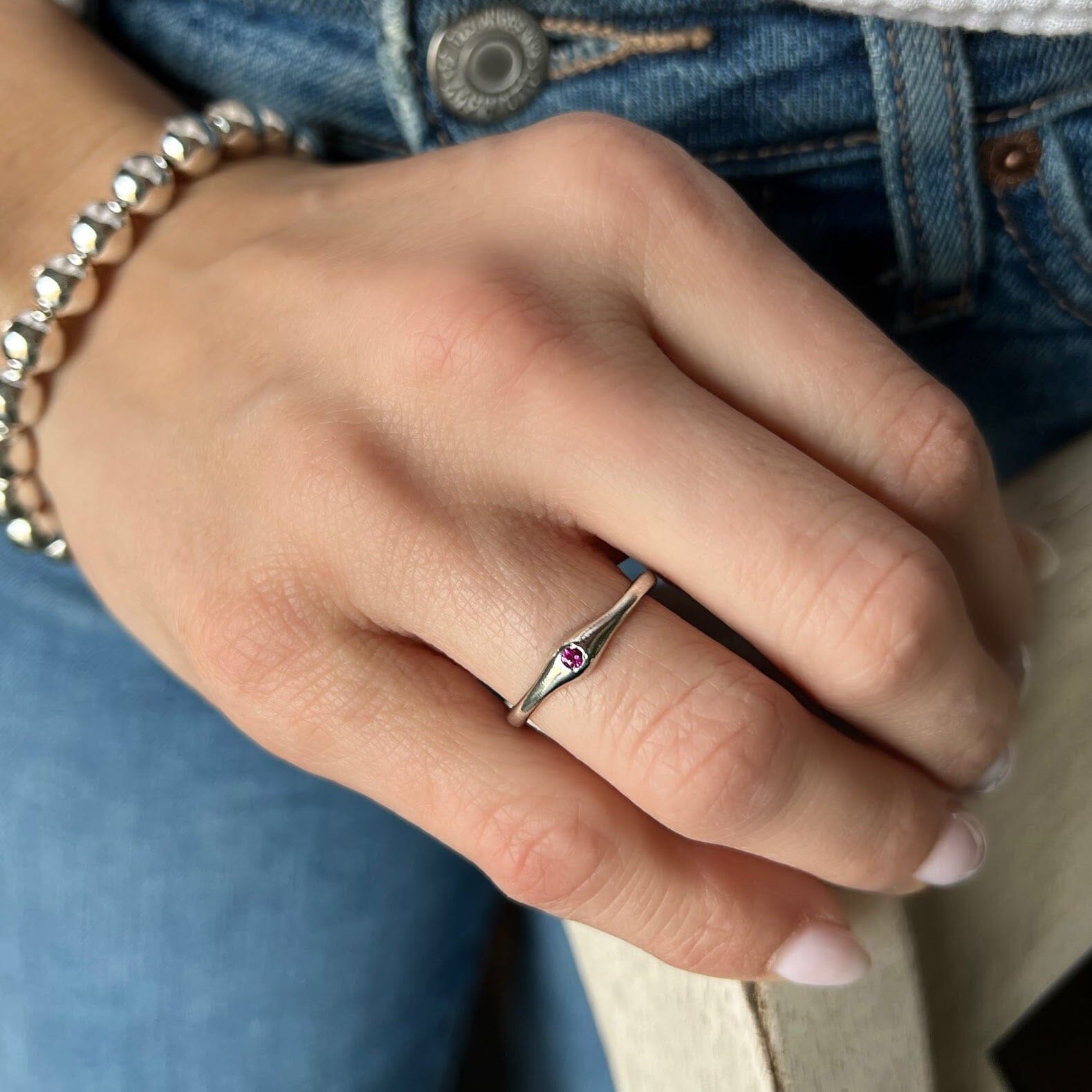 organic-shaped silver birthstone ring