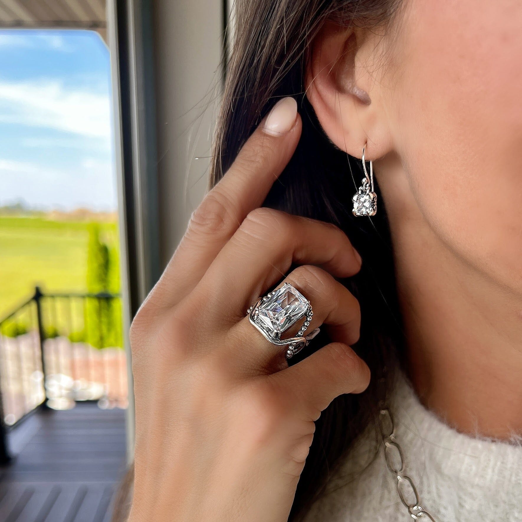 Square cut clear stone earrings