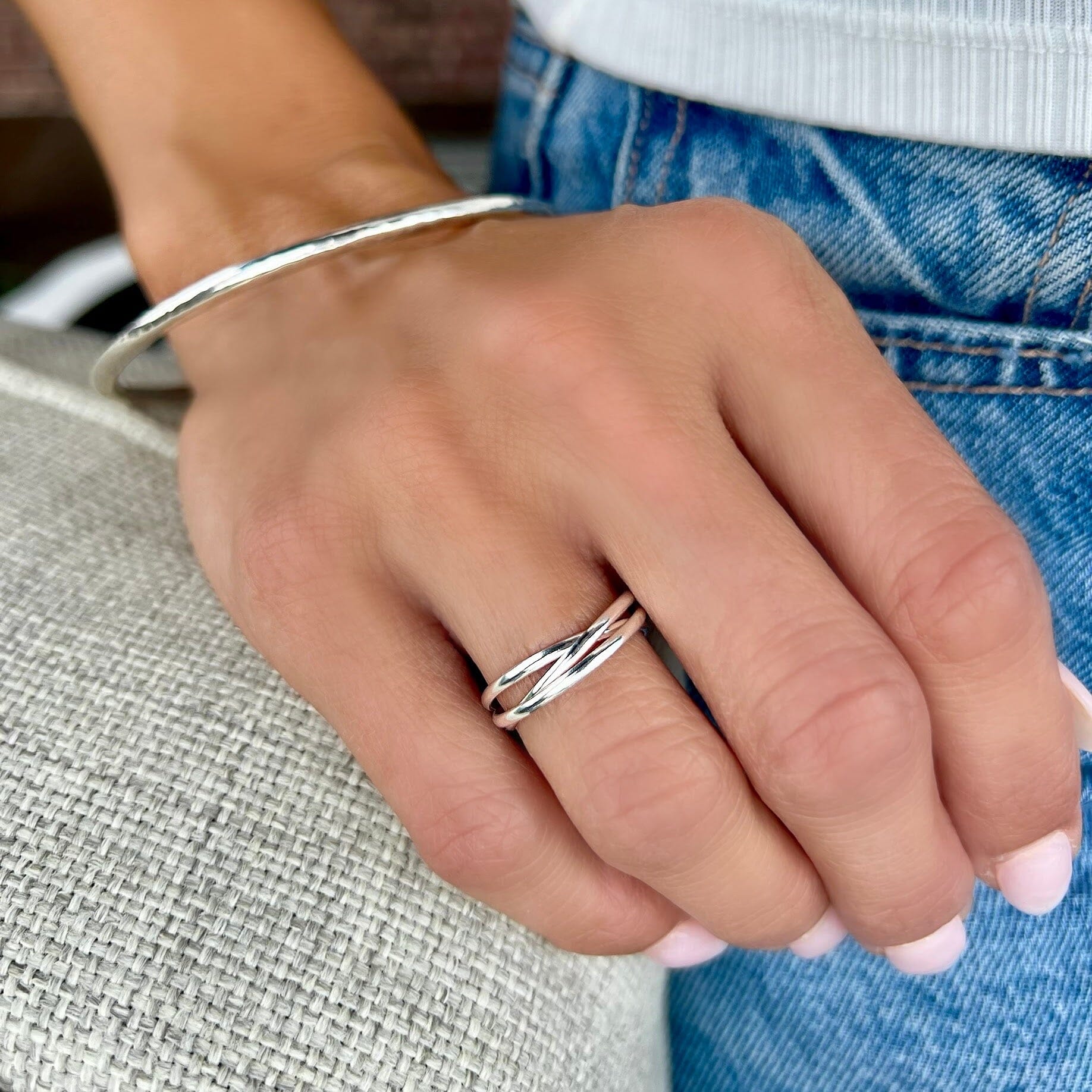 sterling silver high polished trio ring paired with My-Go-To bangle