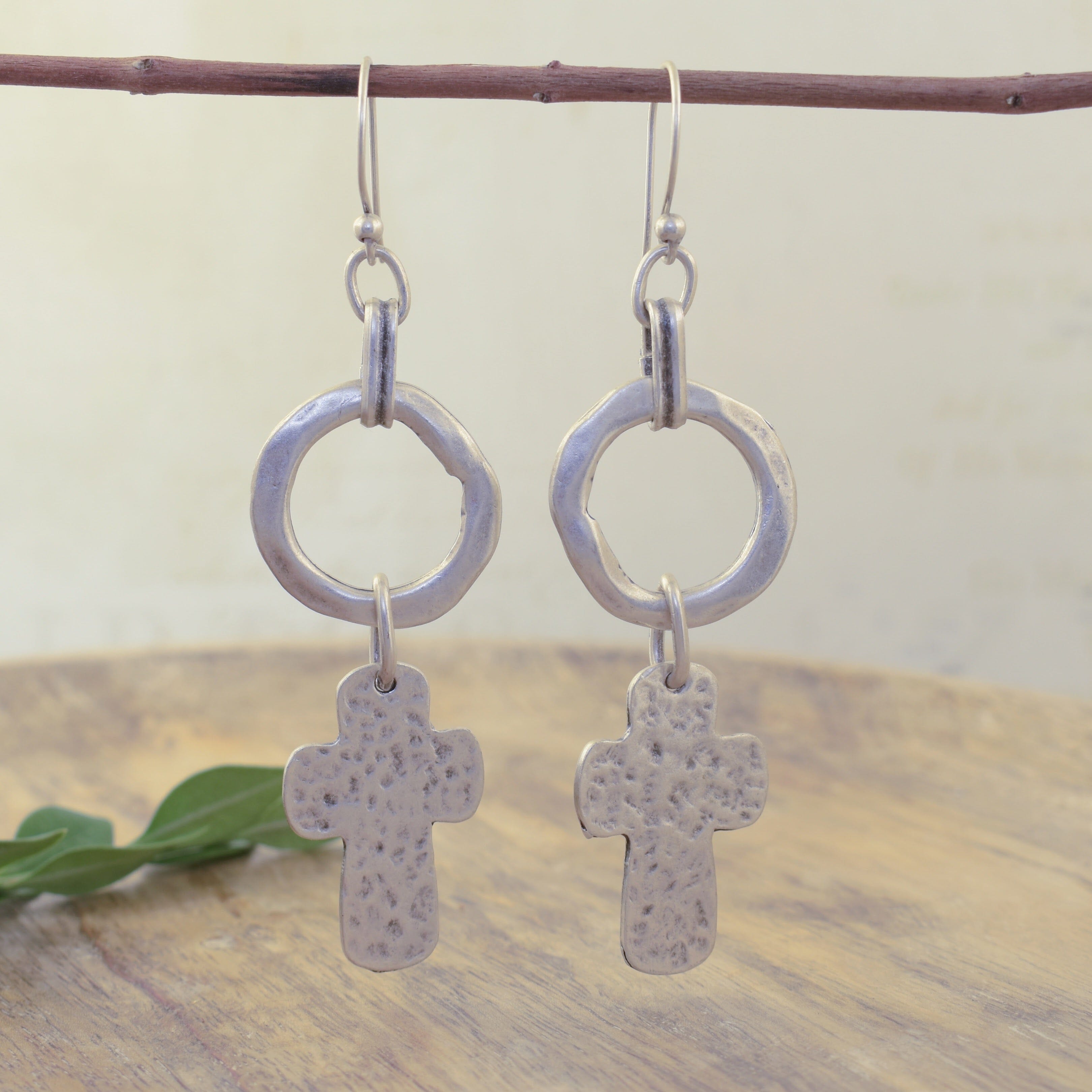 organic dangle earrings with hammered cross